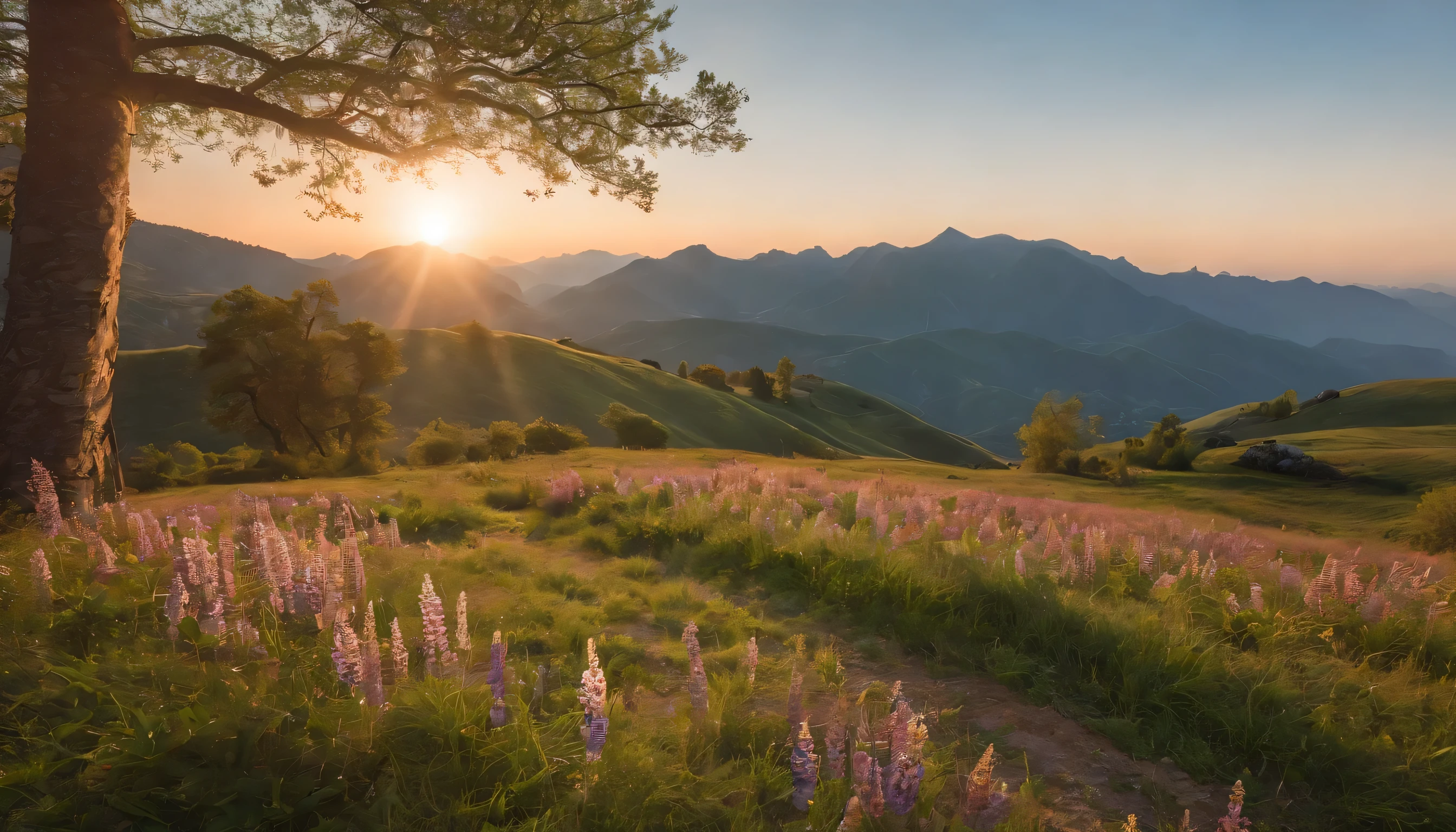 (Highly detailed CG Unity 8K wallpaper、masterpiece、highest quality、Super detailed)、(best lighting、best shadow、very delicate and beautiful)、highest quality、8K、Detailed facial depiction、masterpiece、highest quality、clear image quality、
Sunset sky seen from the top of the mountain in spring、mountain below々Let's take pictures of beautiful shadow scenery