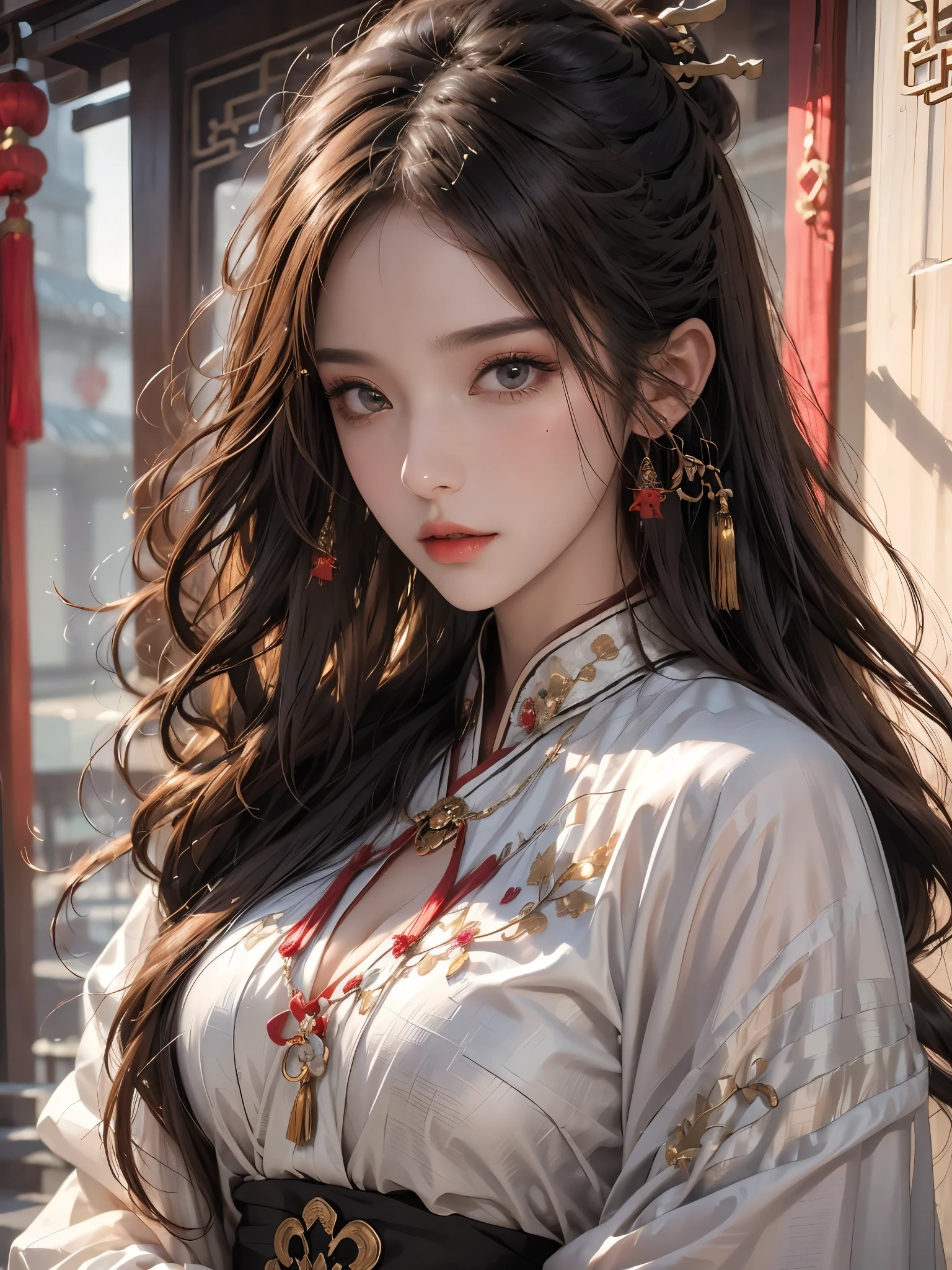 lifelike, high resolution, 1 female, Buttocks up, beautiful eyes, long hair, eye socket, jewelry, ((Upper body photo, focus face)), hanfu, Chinese fairy, Taoist clothing
