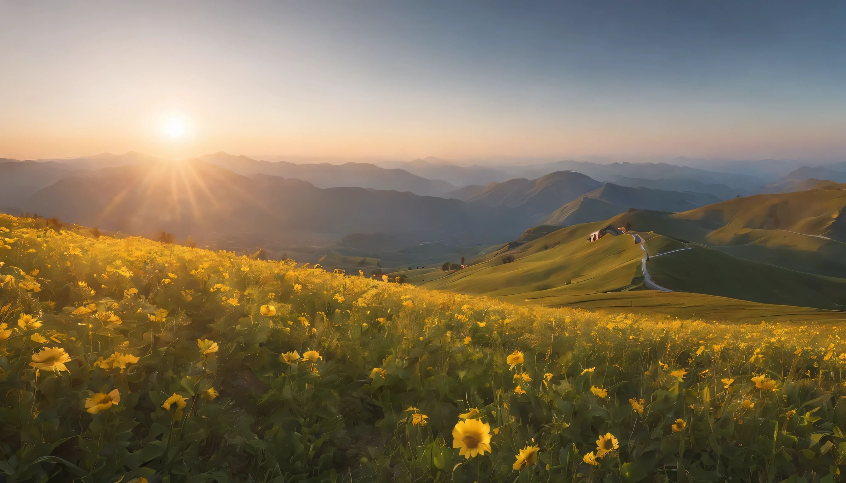 (Highly detailed CG Unity 8K wallpaper、masterpiece、highest quality、Super detailed)、(best lighting、best shadow、very delicate and beautiful)、highest quality、8K、Detailed facial depiction、masterpiece、highest quality、clear image quality、
Sunset sky seen from the top of the mountain in spring、mountain below々Let's take pictures of beautiful shadow scenery