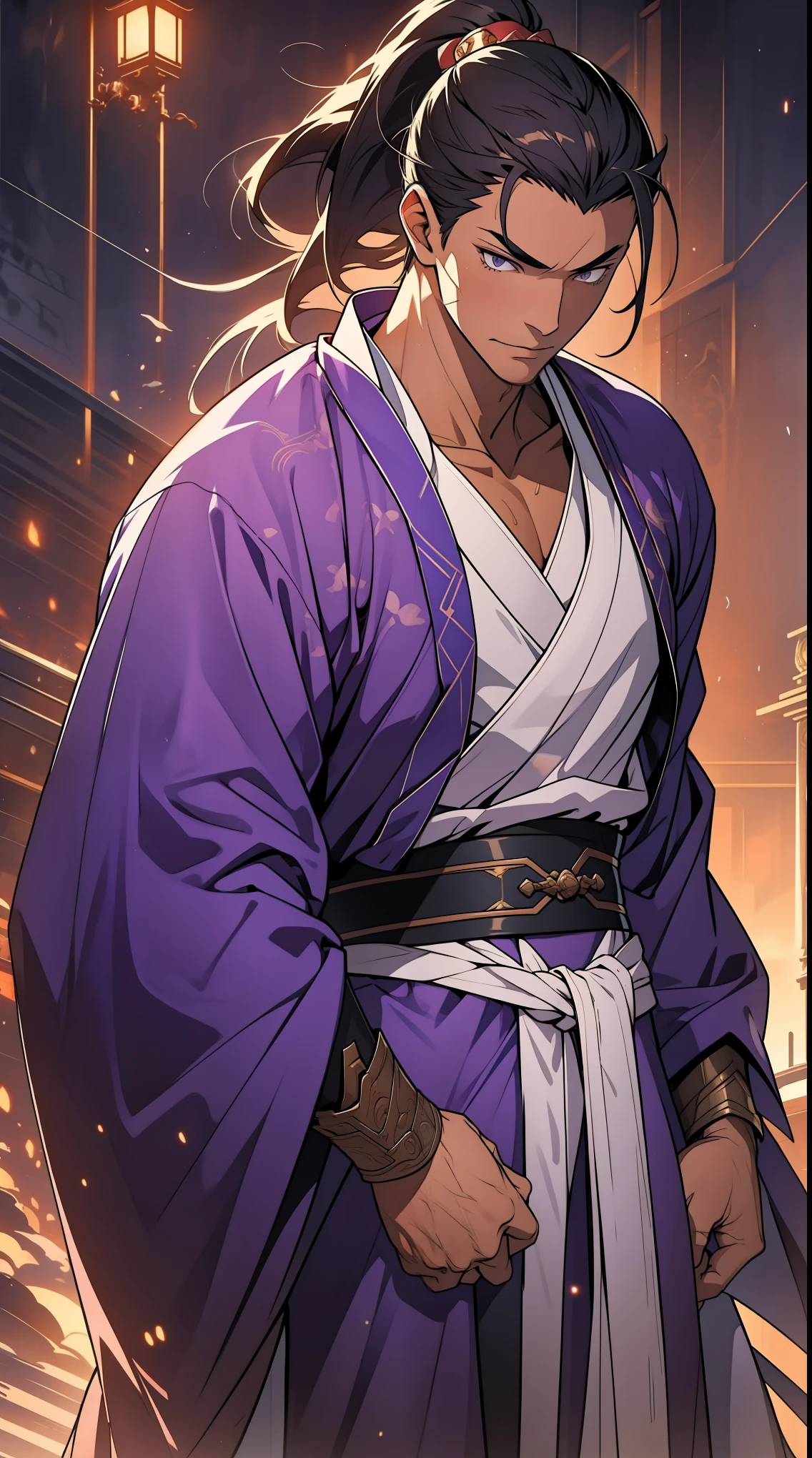 Two dimensions,anime style,one person(male warrior),proportions are correct,facial details,swordsman,high ponytail hairstyle,neck detail,Have an Adam's apple,Purple robe,joke,purple robe,clothing details,Hand over,long sleeves,Game quality,fencing,Ray tracing,Ray tracing,Detailed glow,CG rendering,hair details,long purple hair,purple eyes,Handsome,Handsome,(Youthful feeling),Clothing is complicated,Perfect composition,refine,high quality,higher details,many details,Complex background,a sense of atmosphere,