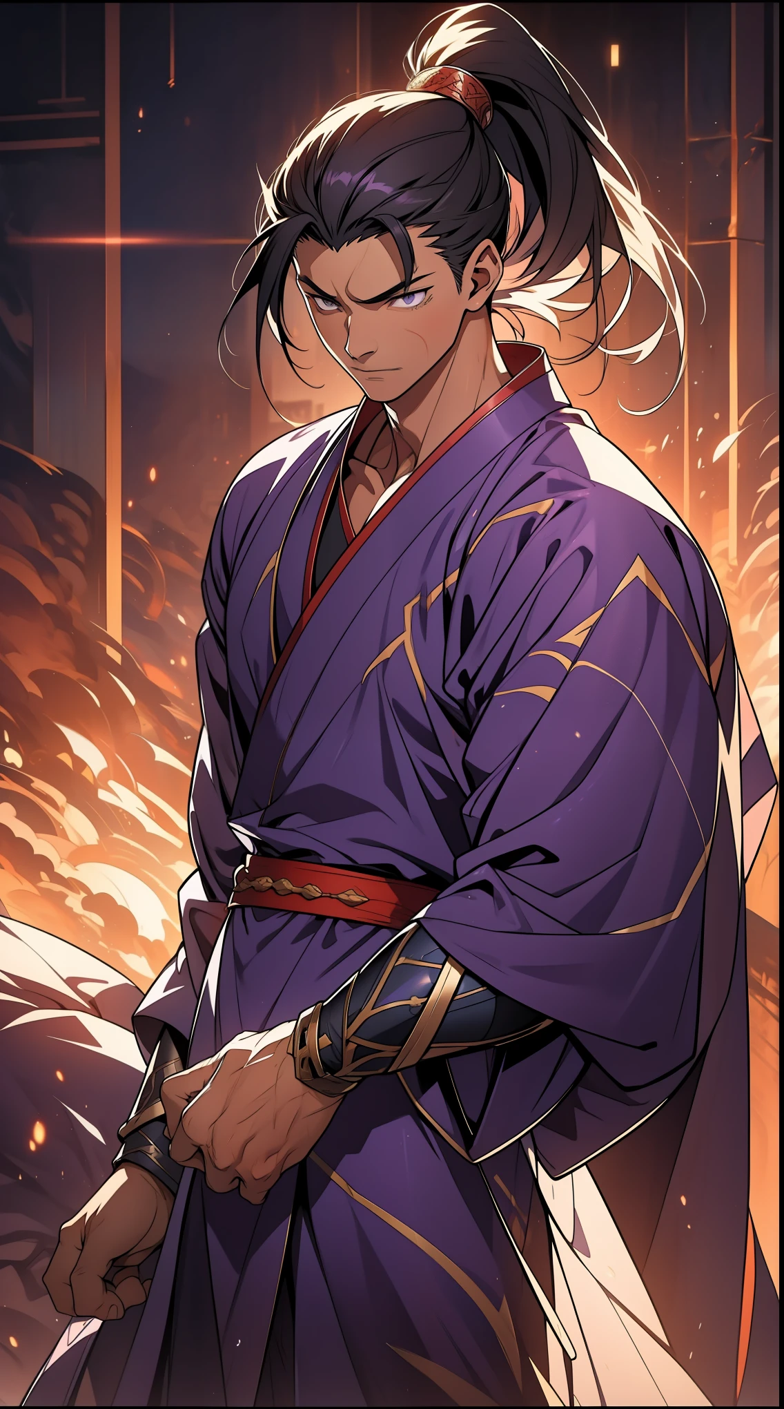 Two dimensions，anime style，one person（male warrior），proportions are correct，facial details，swordsman，high ponytail hairstyle，neck detail，Have an Adam&#39;s apple，Purple robe，joke，purple robe，clothing details，Hand over，long sleeves，Game quality，fencing，Ray tracing，Ray tracing，Detailed glow，CG rendering，hair details，long purple hair，purple eyes，Handsome，Handsome，（Youthful feeling），Clothing is complicated，Perfect composition，refine，high quality，higher details，many details，Complex background，a sense of atmosphere，