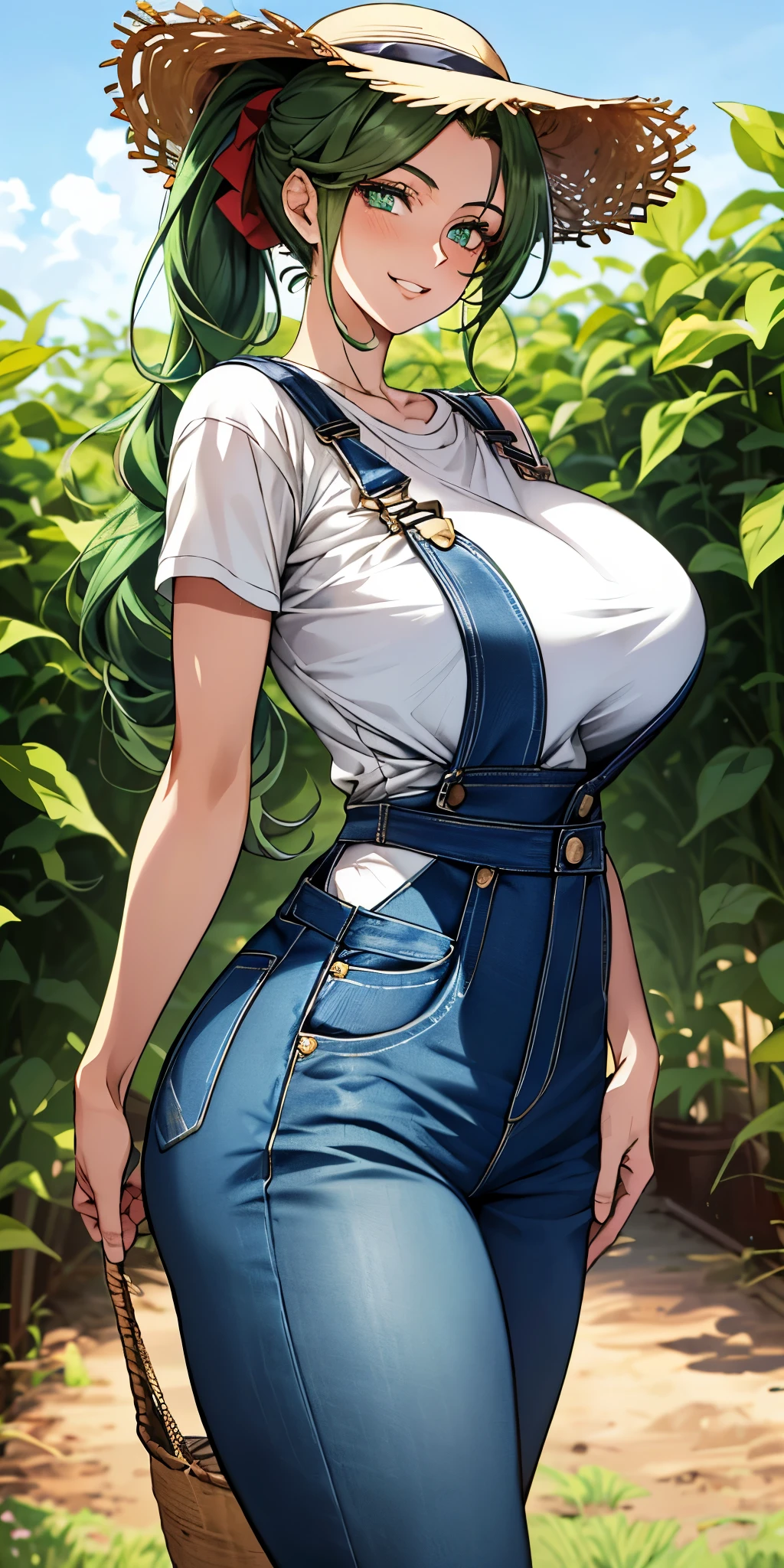 (masterpiece: 1.2), (best quality: 1.2) 1woman, milf woman, mature, tall 1.90cm, age around 30 years old, green hair, straight hair, long hair with curled ends, hair tied up in a ponytail, straw hat on her head, light green eyes, ultra realistic eyes, well aligned eyes, eyes proportional to her body, perfect eyes, long eyelashes, anime style, perfect face, extremely feminine face, detailed face, ultra face realistic, full lips, smile, happy smile, mature, big breasts(huge), perky bust, glowing skin, natural body, sexy body, wearing farmer's overalls, farm style overalls, hands behind the back, wide hips, big ass, looking at the viewer, farm environment, in the background a tomato farm, sun on the body, standing with not one, but her.