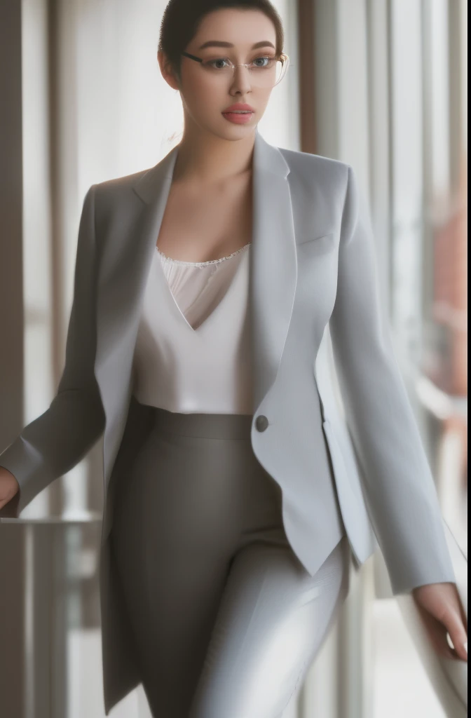 Analog photograph of a corporate lady, white satin suit, no shirt, open unbuttoned coat, formal trousers, high heels, athletic curvy figure, white frame glasses,  popping out, ponytail tied hair, seductive pose in balcony, day scene, hourglass figure, fit, seductive face, look at camera and wink, erotic adult face, 20 yo, soft volumetric lights, intricate details, (ArtStation:1.2)