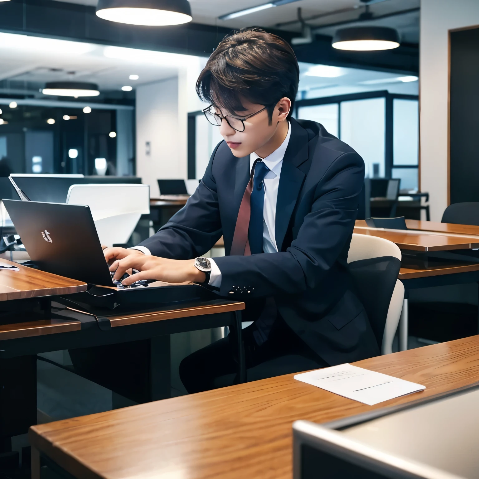 It's mid-afternoon,
break
In an office bustling with calm colors.
break
Businessmen stand out, Dressed in a neatly tailored suit, Deeply absorbed in reading documents. Exudes dedication focus and passion for work.
break
While office noise is playing in the background, There is a kind of tranquility around him.