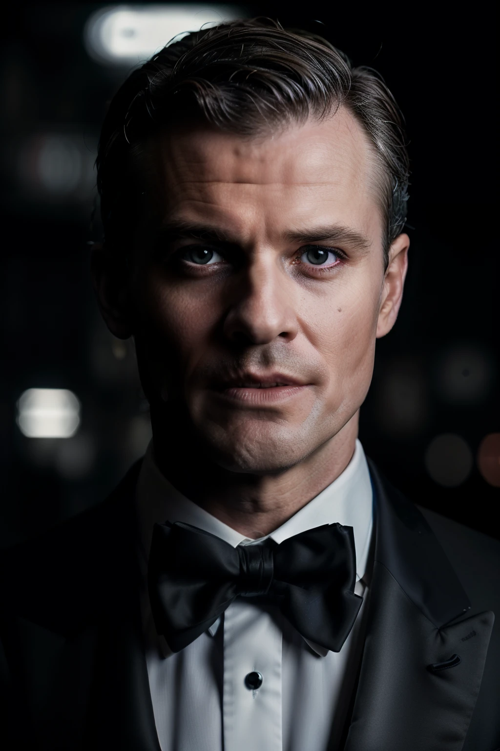 RAW face close up portrait of a man in a tuxedo, professional photography, in blade runner, a high resolution, 4K, 50 mm, Steam wave, photo by Brooke Shaden, Close portrait