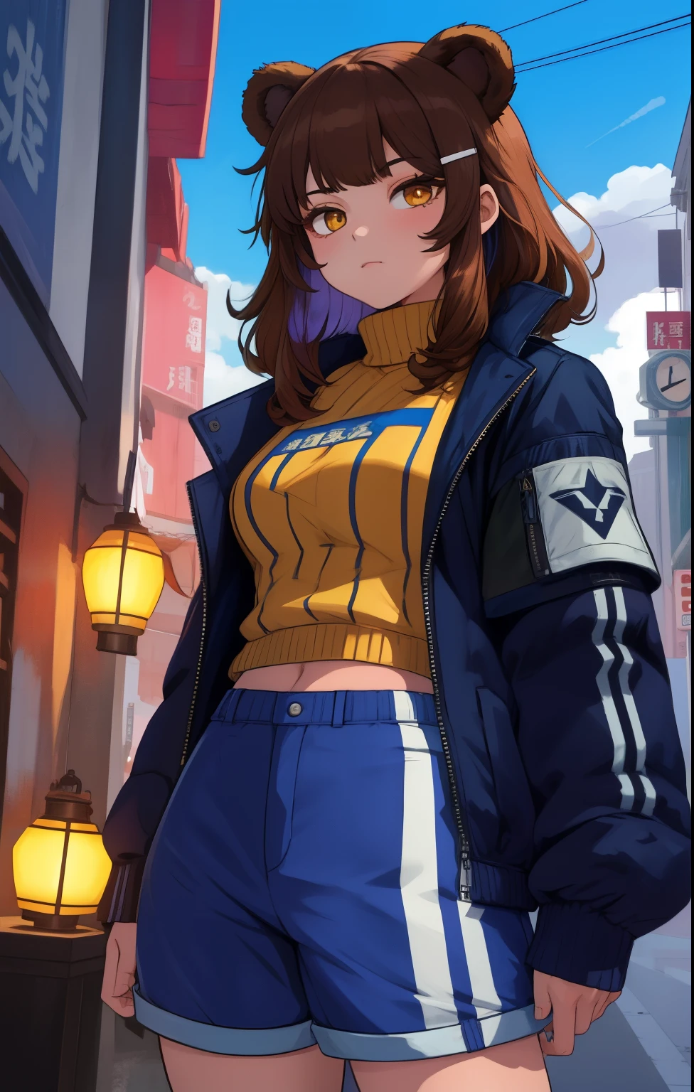 (best quality,illustration:1.2),1girl,bear ears,dark police deep blue jacket with reflective stripes,80s sweater inner shirt,lantern pants,shorts,Arknights,brown hair,left side bangs with two yellow hairpins,doomer city 紫色眼睛 装备 BAC 全身