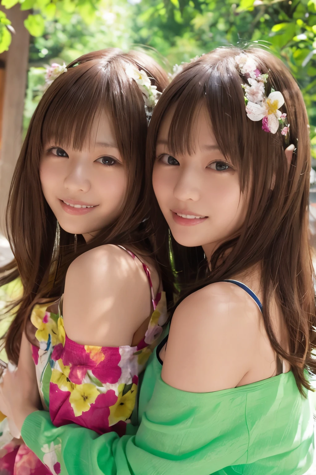 two girls、fun atmosphere, beautiful and fine eyes, cute hairstyles, Vivid costumes, pose playfully, wood々sunlight shining through the gap, soft shadow, Bright colors, lively look, zora々energy, laughter and giggles, delicate flowers,、friendship and bond, capture happy moments, Moderate: Top quality digital illustrations, High resolution), super detailed, realistic, Vibrant color palette, Natural light