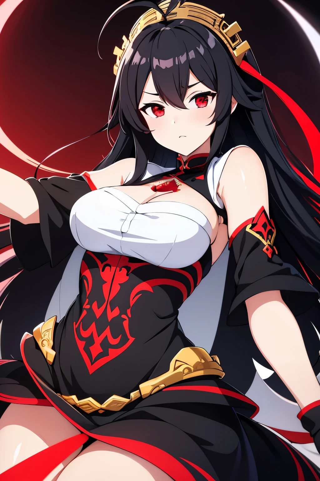 masterpiece, best quality, highres, absurdres,, 1girl, ahoge, black hair, red eyes, goddess, goddess clothes, black and white, good and evil 
