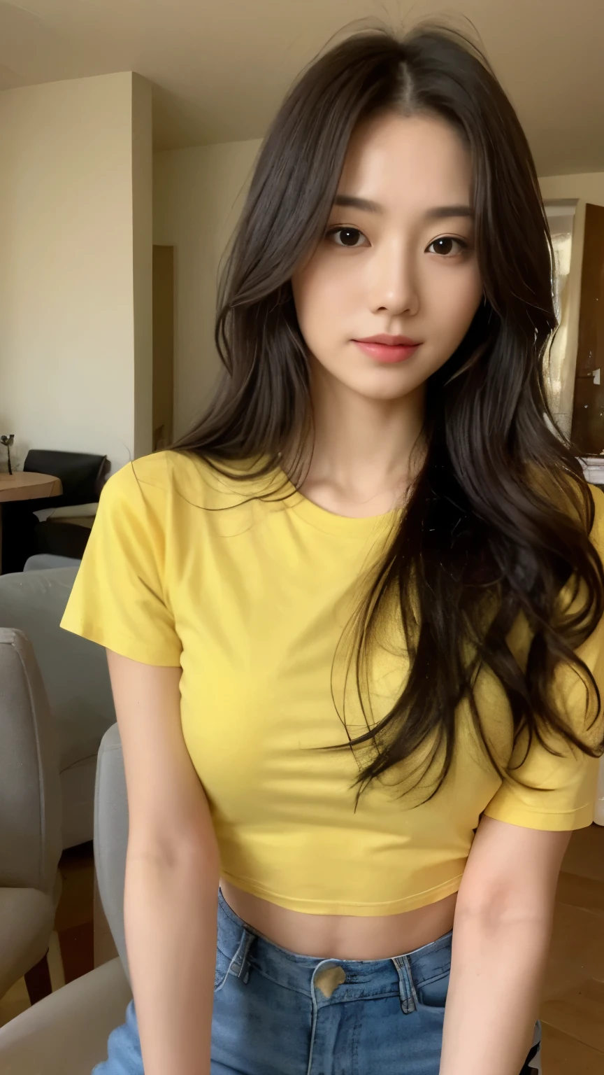 ((top-quality、8k、masterpiece:1.3))、Beautiful woman with perfect body:1.4、slim abdomen:1.2、Longhair, normal breast, Highly detailed facial and skin texture, A detailed eye, delicate eyes, double eyelid, (smile), (full body shot), ((cafe 1.1)), (sitting on chair), (((wearing yellow casual t-shirt))), looking in front