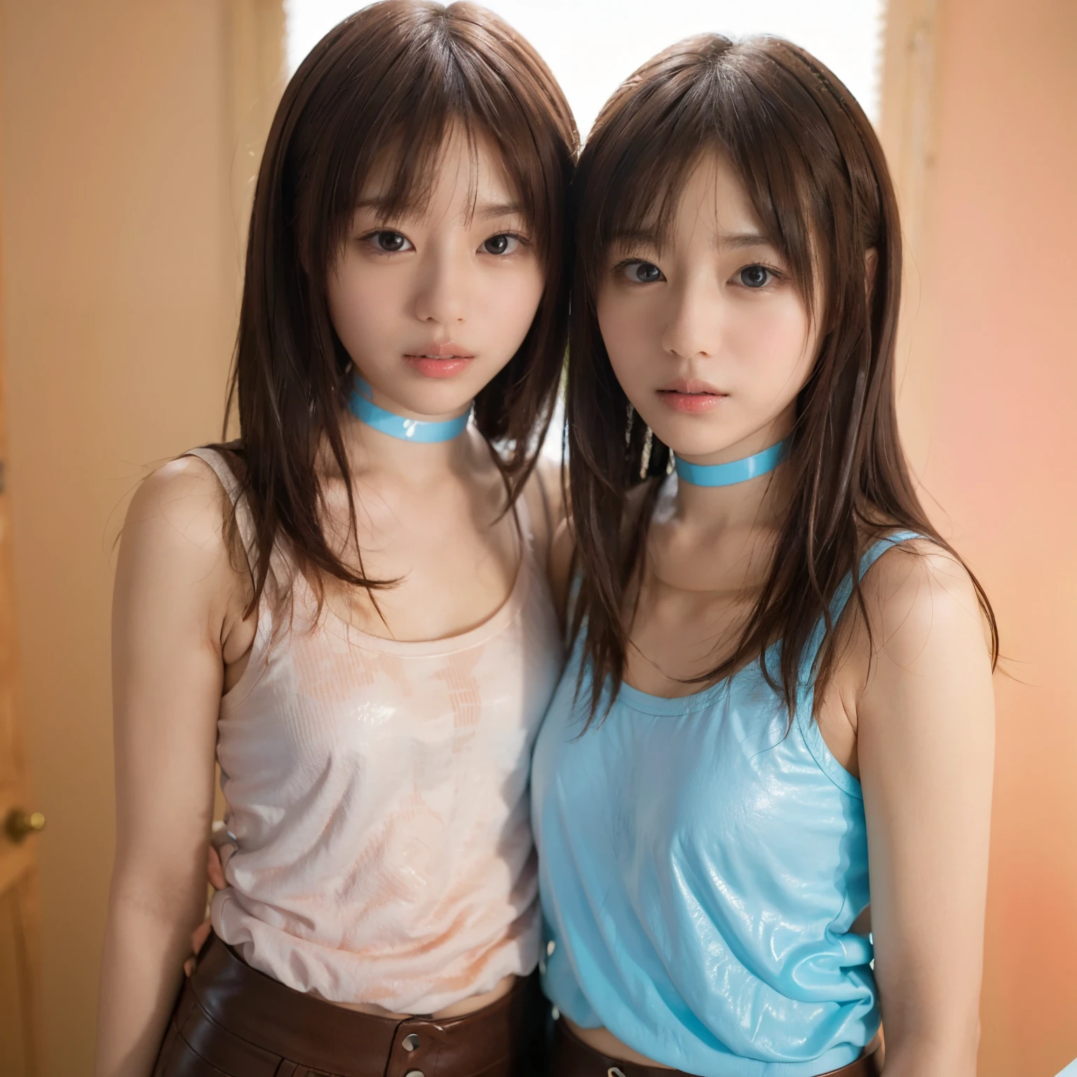 (fashion-like lighting, (realistic bright lighting), ((highest quality, 8K, table top))), (((clear focus:1.5))), break ((two cute girls, identical twin sisters, duo, they are back to back, (same height:1.3))), (friendly, calm and gentle smile:1.4), ((Very beautiful late teenage woman)), Randomly change face type & woman hair), break (perfect beauty, (very porcelain skin, very white skin, Fine and beautiful skin:1.4), super smart, Face with random and very beautiful details, detailed face, Beautiful symmetrical face, Beautiful symmetrical eyes, fine eyes detail, ((Big eyes, hyper detail eyes:1.2)), both eyes are in sync, concentrated gaze, Concentrated, look at us, thin lips, crimson red color lipstick:1.1), break (((7 head toll), sloped shoulder, narrow shoulders, thin upper chest, Thin under the chest, thin waist)), (E cup, (huge breasts), Soft and well-shaped breasts)), ((random length, straight hair, hair with bangs)), (exquisite beautiful facial features) break ((Beige color tank top tight knit tank top), dress:1.4)), break (((black color leather choker:1.4))), slim body shape, break ((random emotions, Random poses that match your emotions, land angle, random position, random position)), break ((bright white simple gradient background:1.3)), double eyelid,