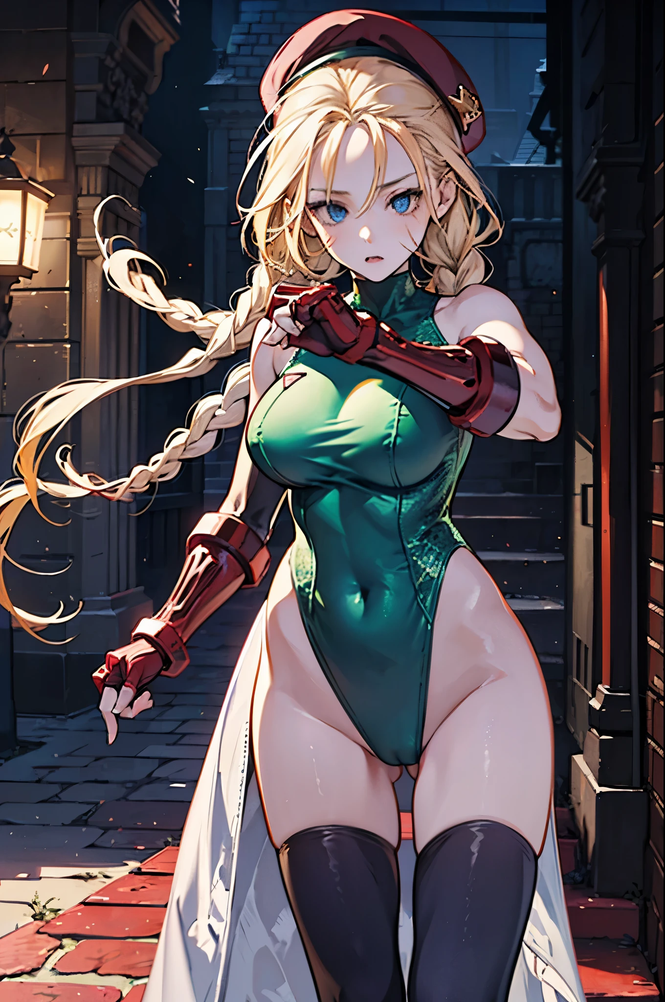 masterpiece, best quality, highres, 1girl, cammy white, twin braids, long hair, blonde hair, antenna hair, beret, (red headwear:1.3), blue eyes, scar on cheek, green leotard, large breasts, sleeveless, red gloves, fingerless gloves, camouflage, cowboy shot, standing, outdoors, arms at sides, straight-on,