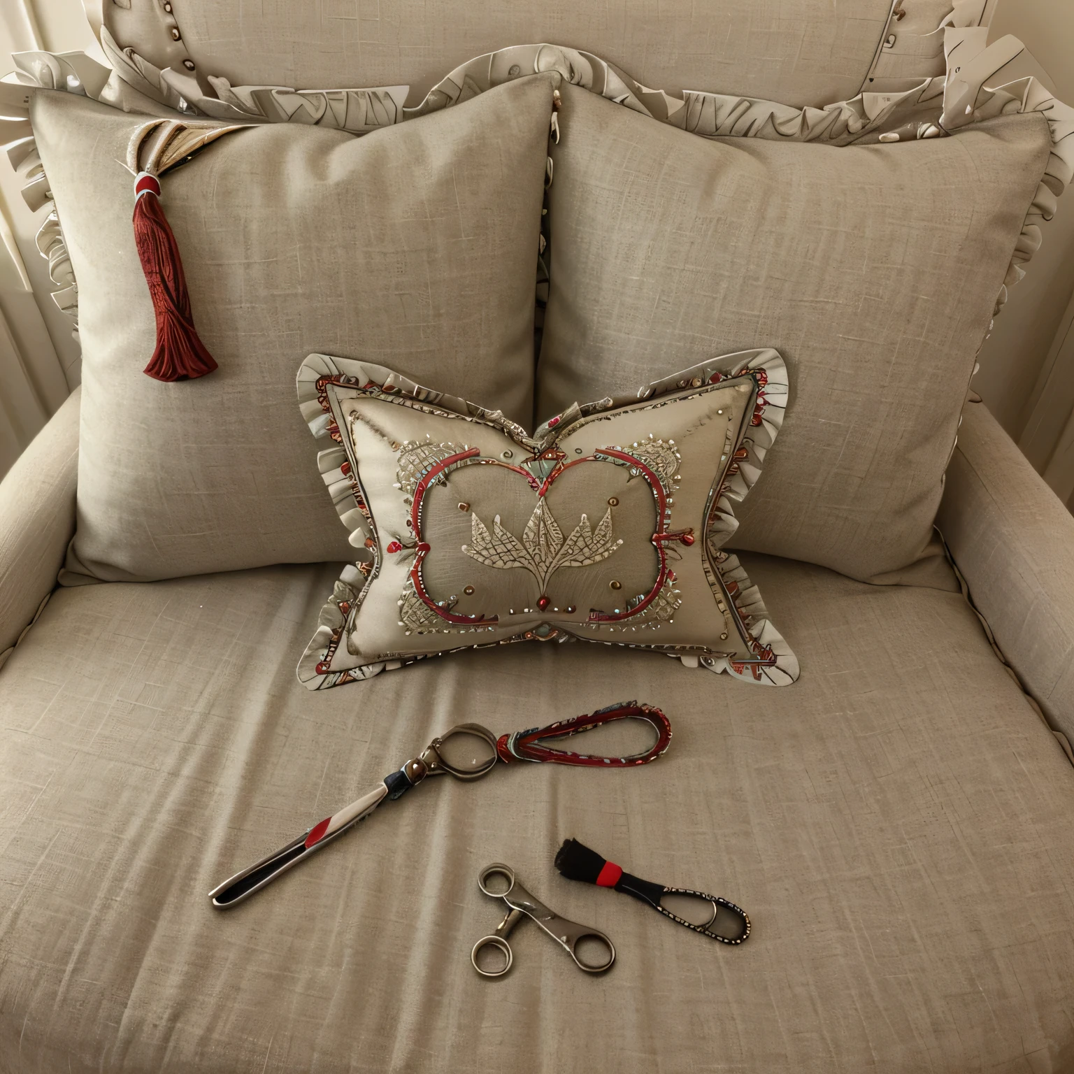 Throw Pillow MATERIALS OVERVIEW. each component one by one(fabric cover, a pillow insert, a zipper, stitching tools, piping, welt, flange, trim, tassel, buttons, ribbon, fringe, appliqué, embroidery, beads, sequins, ruffles, ruching, and various filling)