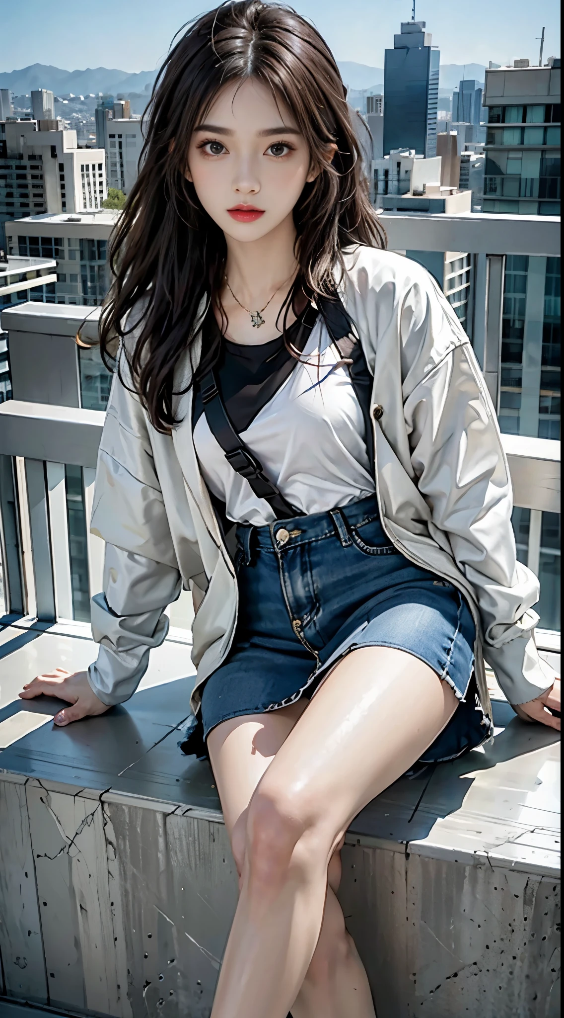 lifelike, high resolution, 1 female, alone, sitting on balcony, look at the audience, (Detailed face), Colorful streetwear, jacket, skirt, Raise your legs high, tattoo, jewelry, snowy night