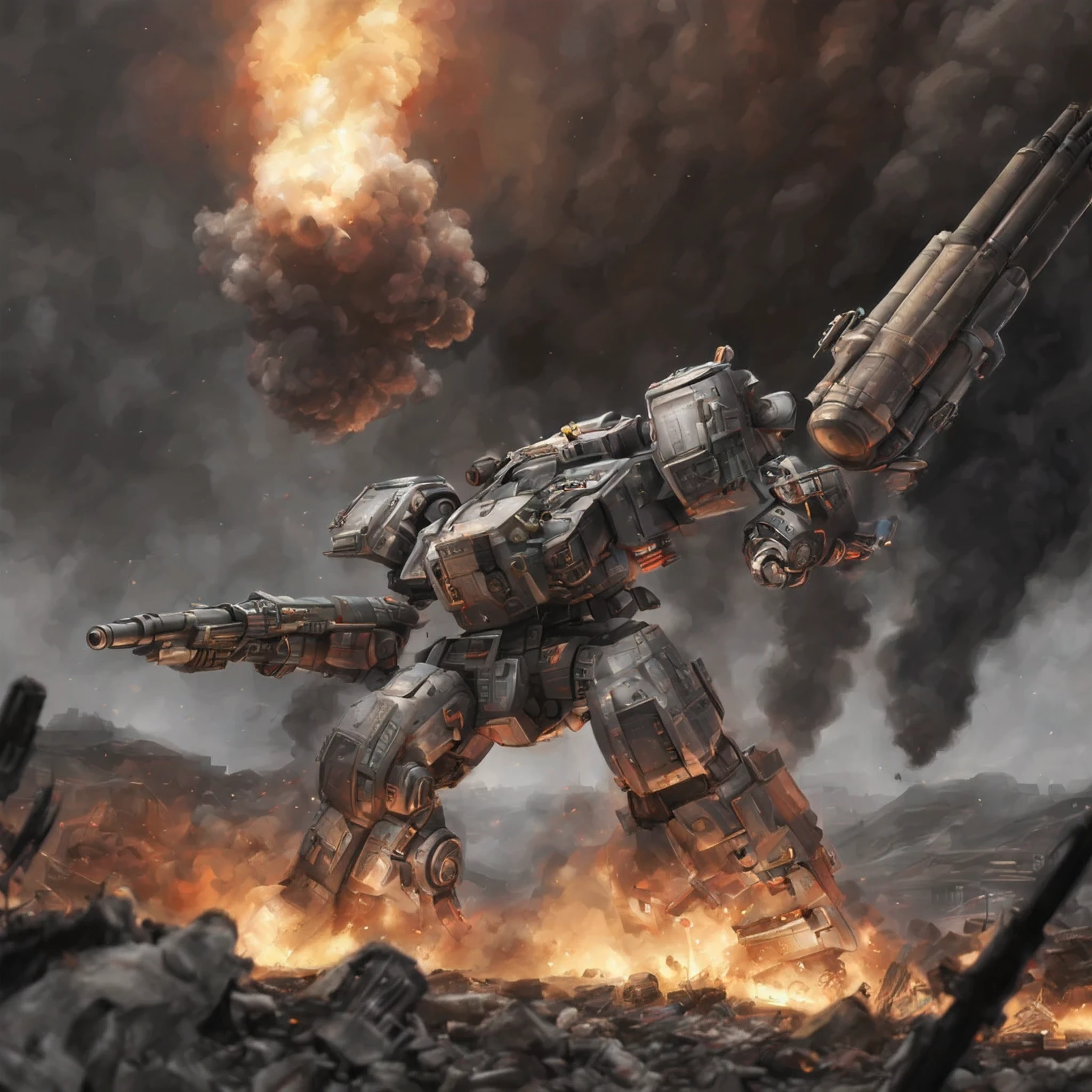 Are standing, Giant Robo, missile pod, machine gun, Huge cannon, very detailed, battlefield, fire, cigarette,