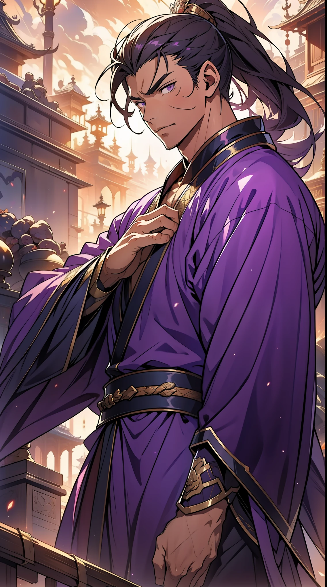 Two dimensions，anime style，one person（male warrior），proportions are correct，facial details，swordsman，high ponytail hairstyle，neck detail，Have an Adam&#39;s apple，Purple robe，joke，purple robe，clothing details，Hand over，long sleeves，Game quality，fencing，Ray tracing，Ray tracing，Detailed glow，CG rendering，hair details，long purple hair，purple eyes，Handsome，Handsome，（Youthful feeling），Clothing is complicated，Perfect composition，refine，high quality，higher details，many details，Complex background，a sense of atmosphere，