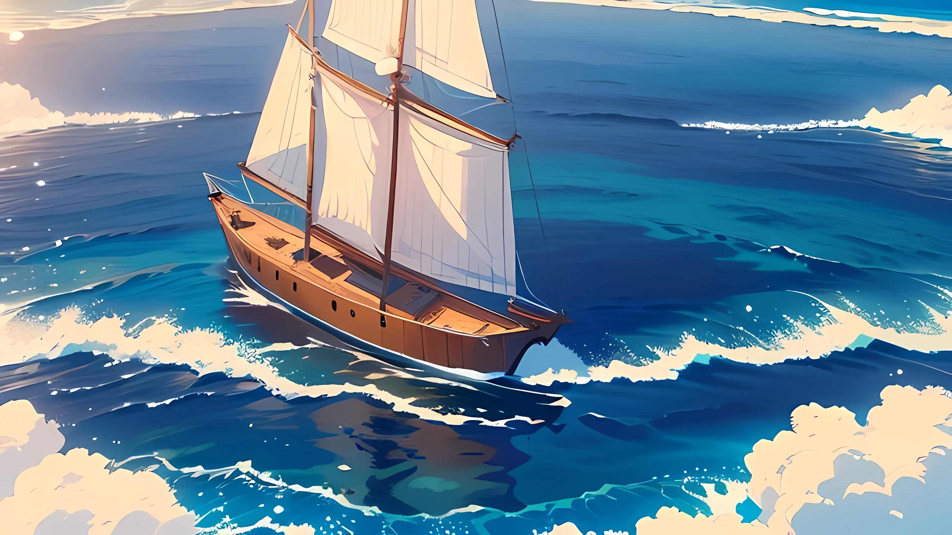o humans, one boat sailing from top left to bottom right, seaside, water surface, clear water, waves, illustration