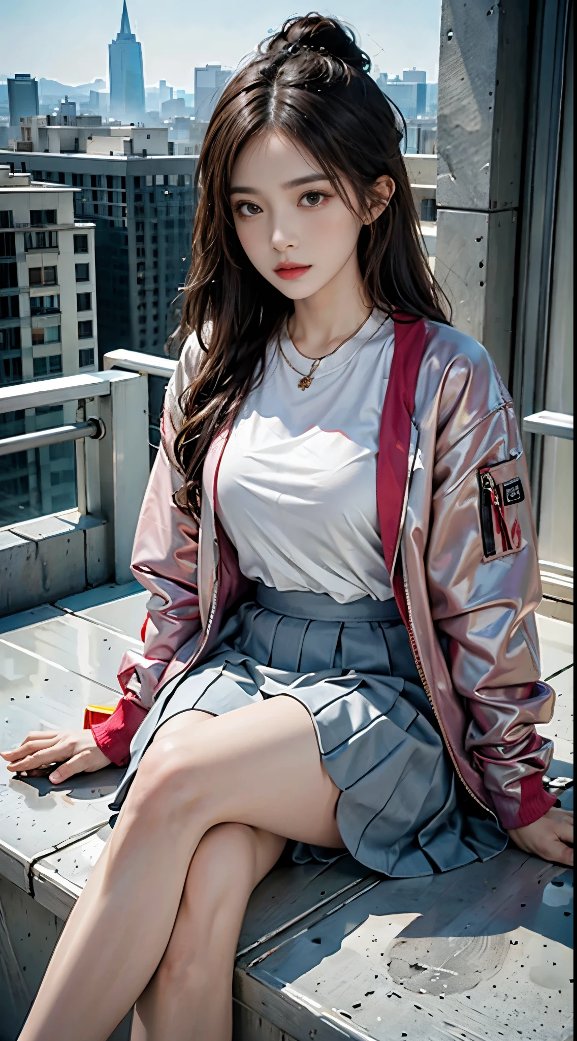 lifelike, high resolution, 1 female, alone, sitting on balcony, look at the audience, (Detailed face), Colorful streetwear, jacket, skirt, Raise your legs high, tattoo, jewelry, snowy night