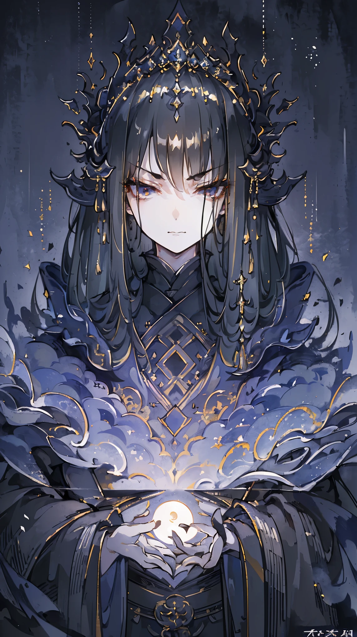 (extremely detailed 8K wallpaper),(ultra-detailed),(best quality),(masterpiece),(highly detailed),(cinematic lighting),(Original),Cold ligh,moody,((headshot)),(Chinese elaborate-style painting),1girl,solo,black hair,black robe,plain clothing and decoration,(((Eyes sparkling in the moonlight))),((villain image)),(((arrogant expression)))