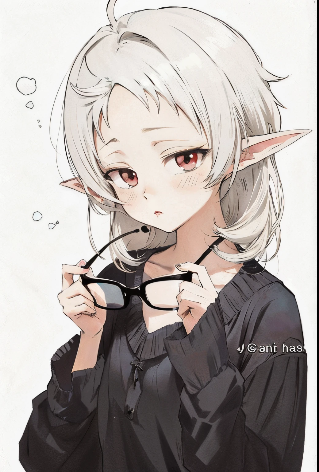 anime girl spectacled and a black shirt with a white cat's face, spectacled, long pointed ears, with pointed ears, anime style, anime style, pointed ears, pointed ears, she has elven ears and golden eyes, elf, anime image of a cute girl, anime stills, pale pointed ears, anime style, grey-haired