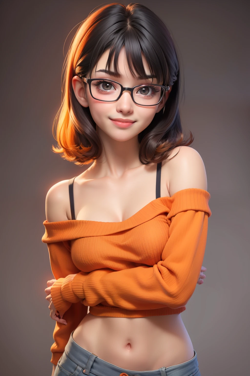1 cute girl (18yo) glasses, upper body, slim waist, small breast, sexy pose, naugthy face, bangs, random hairstyle, cleavage, navel, off shoulder, seductive smile, wear orange sexy underwear, gray background no shirt 