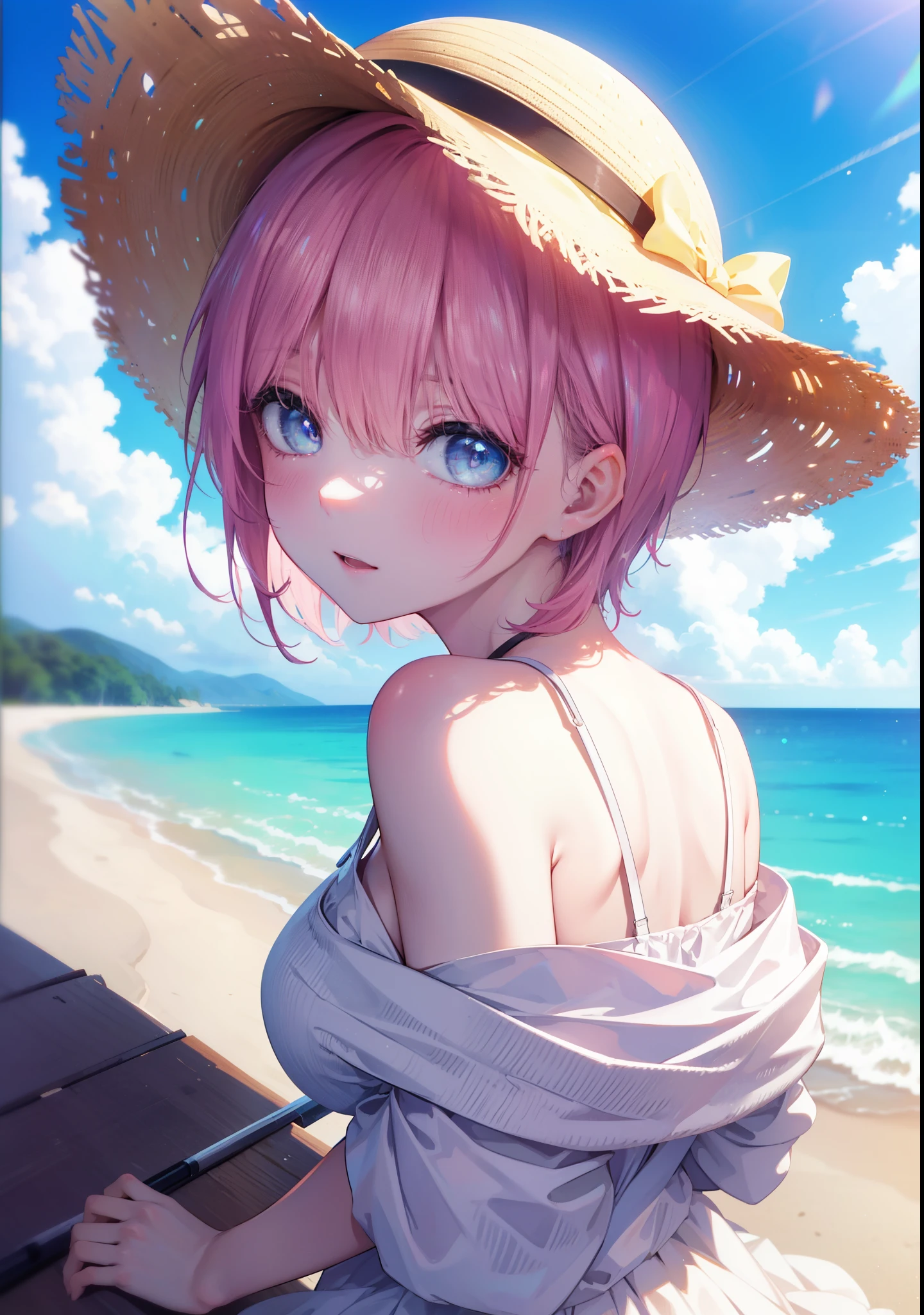 Ichikanakano, ichika nakano, short hair, bangs, close both eyes,hair between eyes, blush,open your mouth,smile,pink hair,He is wearing a slightly larger straw hat....,white off-shoulder dress,long skirt,barefoot,風になびくpink hair,look back.,
break looking at viewer, whole body, Upper body,
break outdoors, sandy beach,
break (masterpiece:1.2), highest quality, High resolution, unity 8k wallpaper, (shape:0.8), (beautiful and detailed eyes:1.6), highly detailed face, perfect lighting, Very detailed CG, (perfect hands, perfect anatomy),