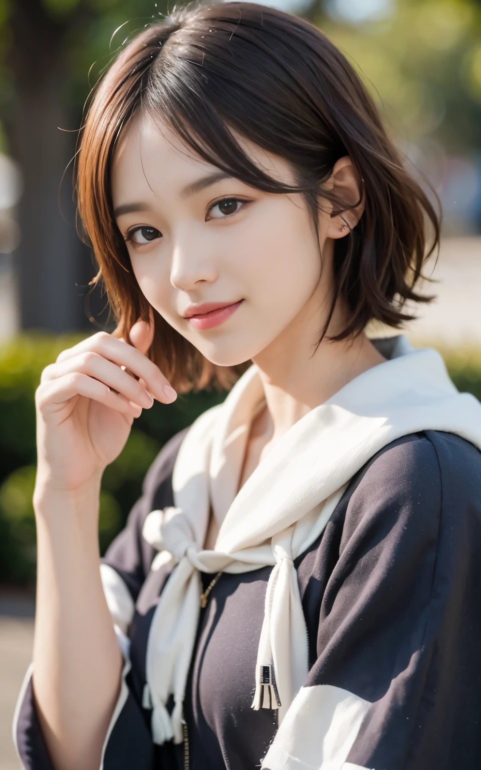 cute 21 year old japanese、University、School、campus、super detail face、pay attention to details、double eyelid、beautiful thin nose、sharp focus:1.2、Beautiful woman:1.4、(light brown hair,short hair、),pure white skin、highest quality、masterpiece、ultra high resolution、(Photoreal:1.4)、Highly detailed and professional lighting、nice smile、show your whole body、colorful coat、