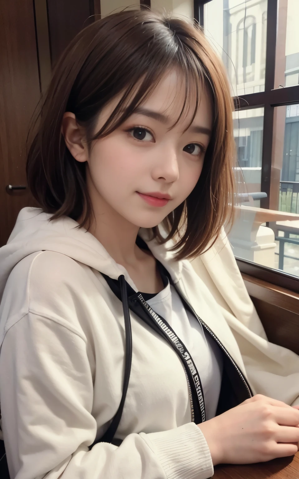 cute 21 year old japanese、University、School、campus、super detail face、pay attention to details、double eyelid、beautiful thin nose、sharp focus:1.2、Beautiful woman:1.4、(light brown hair,short hair、),pure white skin、highest quality、masterpiece、ultra high resolution、(Photoreal:1.4)、Highly detailed and professional lighting、nice smile、show your whole body、colorful coat、