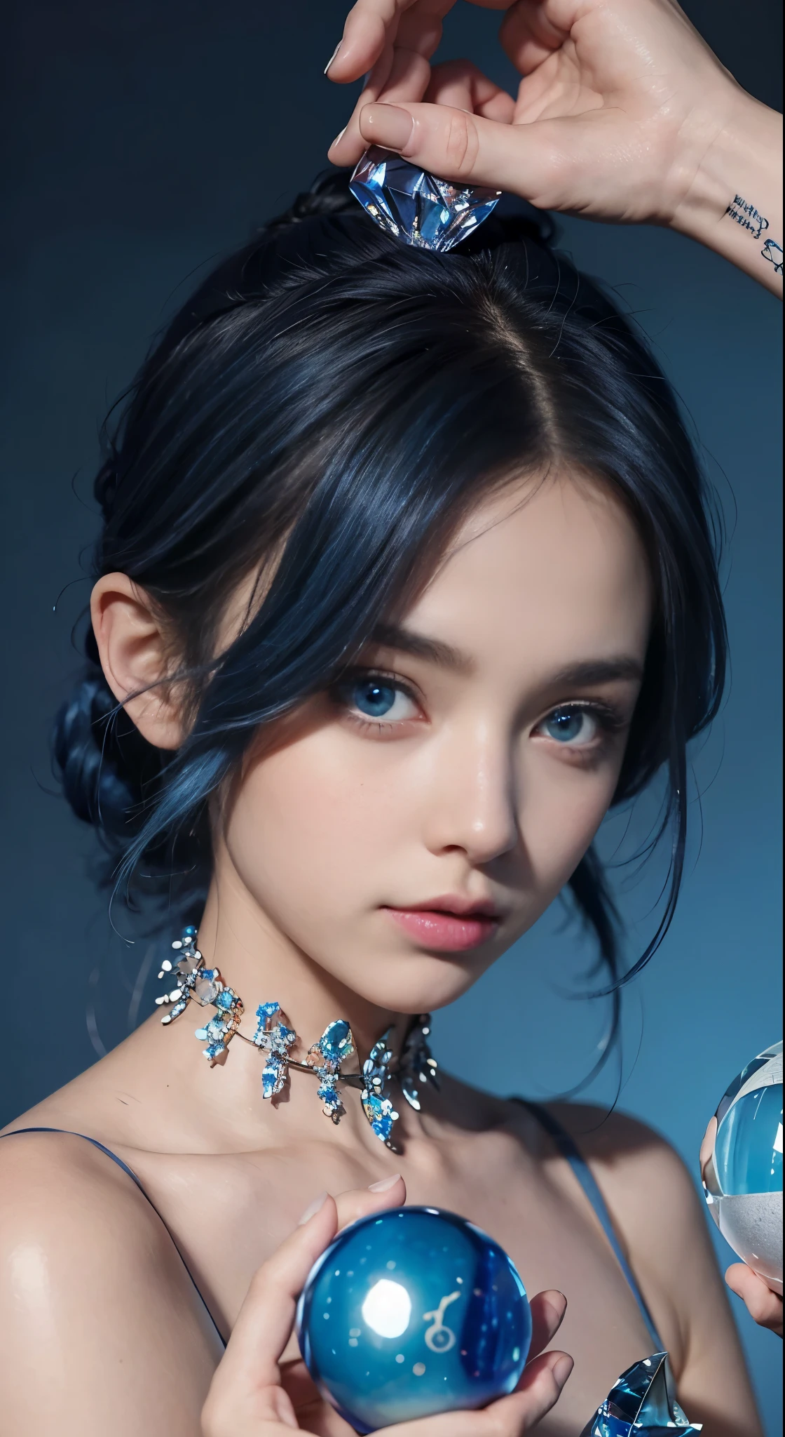 （and soul）（secondary elements）1 girl、(blue hair)、hair length、blue eyes、gradient eyes、sparkling eyes、bright pupils、finely tuned、expressive eyes、blue clothes、gem、Blue lighting、blue theme、（foams：1.5）、mysterious、abstract、best quality、super detailed、(((Holding a crystal ball)))、