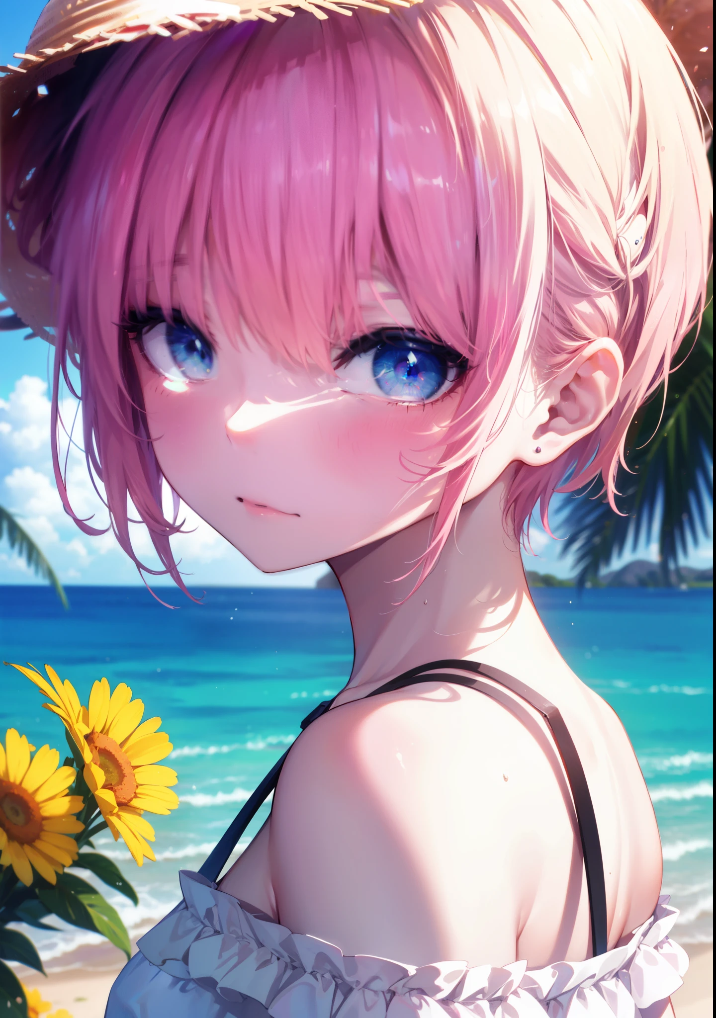 Ichikanakano, ichika nakano, short hair, bangs, close both eyes,hair between eyes, blush,open your mouth,smile,pink hair,He is wearing a slightly larger straw hat....,white off-shoulder dress,long skirt,barefoot,風になびくpink hair,look back.,
break looking at viewer, whole body, Upper body,
break outdoors, sandy beach,
break (masterpiece:1.2), highest quality, High resolution, unity 8k wallpaper, (shape:0.8), (beautiful and detailed eyes:1.6), highly detailed face, perfect lighting, Very detailed CG, (perfect hands, perfect anatomy),