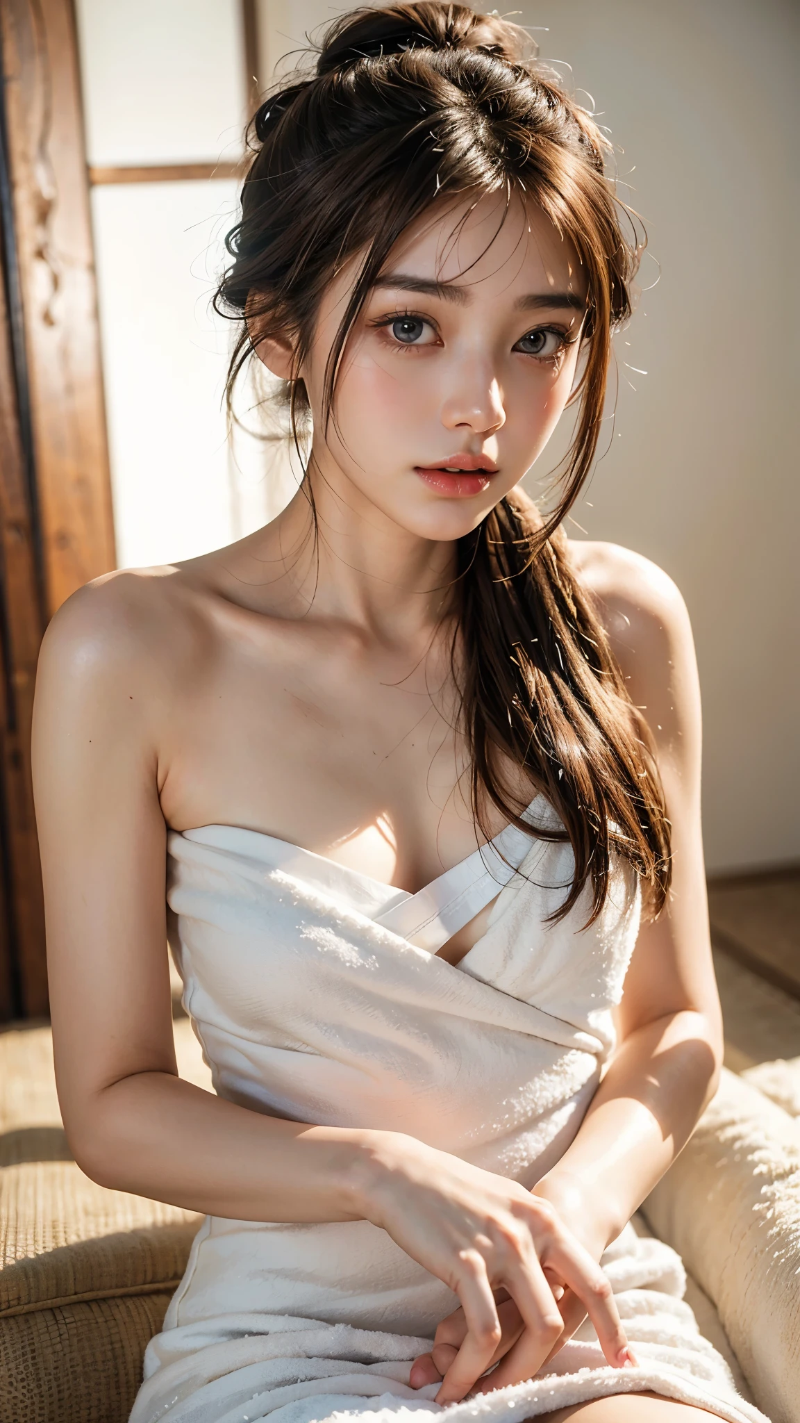 highest quality, masterpiece, ultra high resolution, (realistic:1.4), (close portrait) RAW photo, 1 girl, 22 years ago,beautiful eyes,sparkling eyes,((Clear face)),((long hair bun hair)),japanese pictures, ((Towel fabric dress)),((snowy night)), ((Medium chest)),((mouth slightly open)),,brown hair,