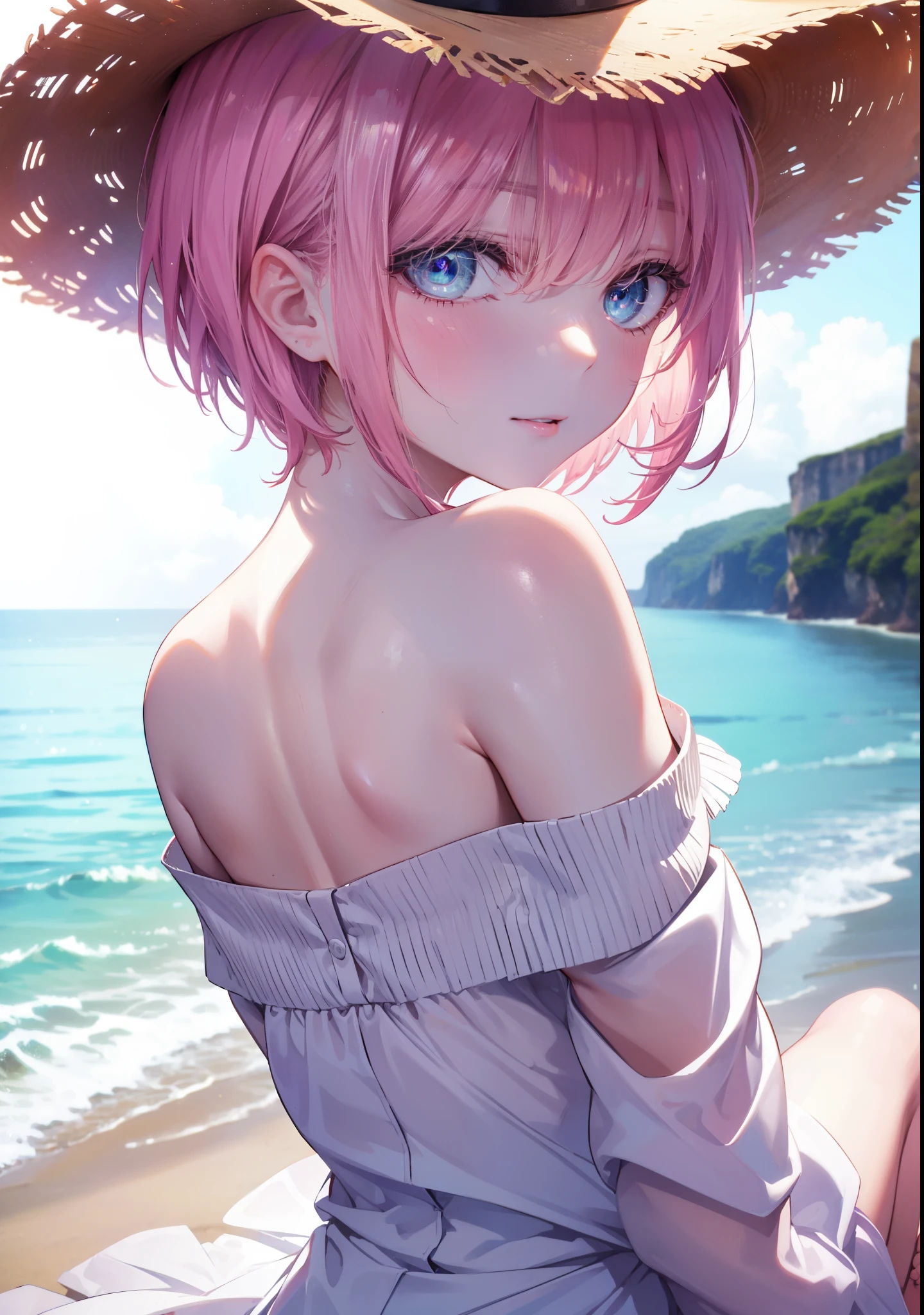 Ichikanakano, ichika nakano, short hair, bangs, close both eyes,hair between eyes, blush,open your mouth,smile,pink hair,He is wearing a slightly larger straw hat....,white off-shoulder dress,long skirt,barefoot,風になびくpink hair,look back.,
break looking at viewer, whole body, Upper body,
break outdoors, sandy beach,
break (masterpiece:1.2), highest quality, High resolution, unity 8k wallpaper, (shape:0.8), (beautiful and detailed eyes:1.6), highly detailed face, perfect lighting, Very detailed CG, (perfect hands, perfect anatomy),