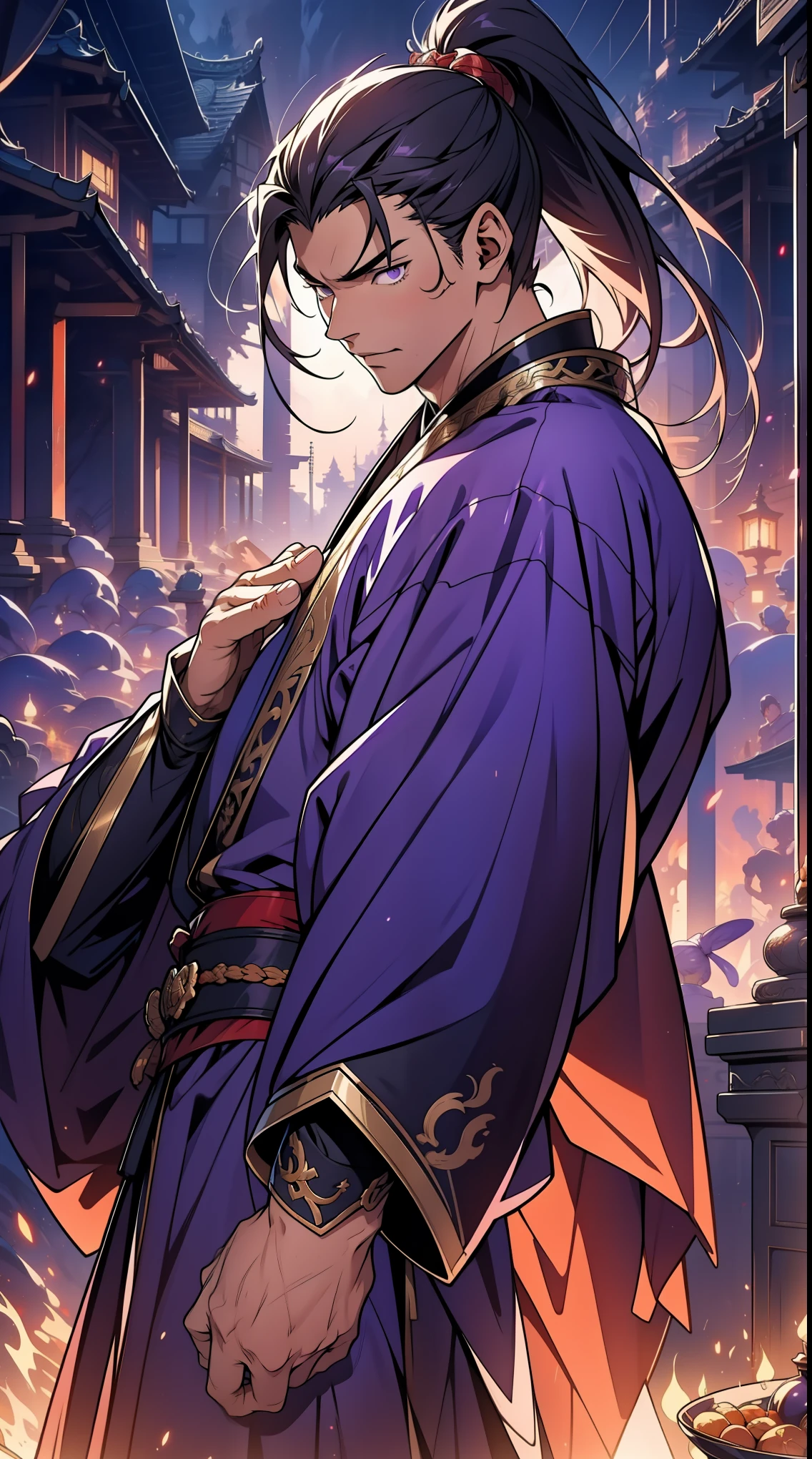 Two dimensions,anime style,one person(male warrior),proportions are correct,facial details,swordsman,high ponytail hairstyle,neck detail,Have an Adam's apple,Purple robe,joke,purple robe,clothing details,Hand over,long sleeves,Game quality,fencing,Ray tracing,Ray tracing,Detailed glow,CG rendering,hair details,long purple hair,purple eyes,Handsome,Handsome,(Youthful feeling),Clothing is complicated,Perfect composition,refine,high quality,higher details,many details,Complex background,a sense of atmosphere,