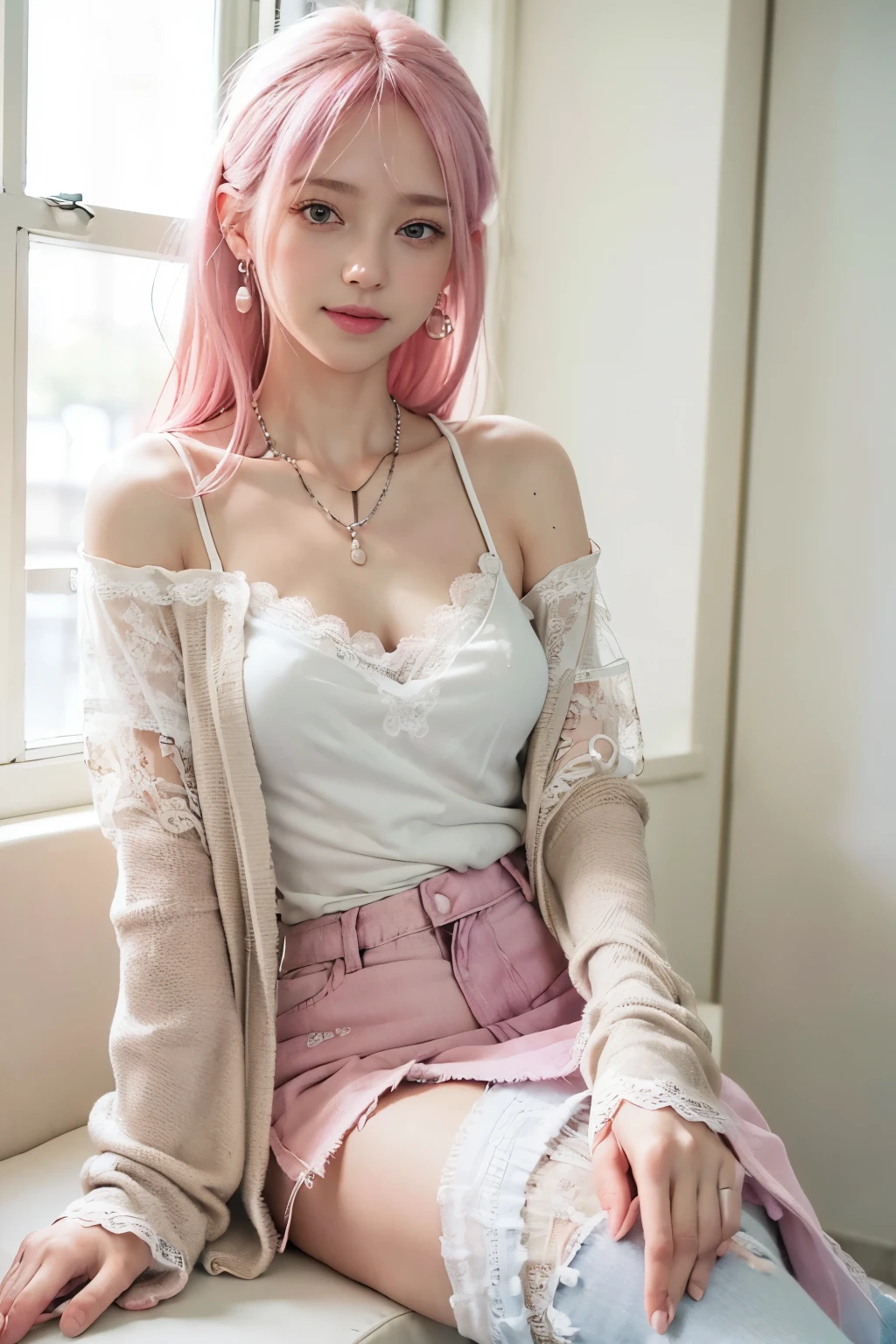 (8K, top-quality, masterpiece:1,2), (reallistic, Photorealsitic:1.37), Super Detail, One girl,), (Highly detailed), (beautifully detailed eyes), (of the highest quality), (super detailed ), (masterpiece), (Detailed face),20yr old, ,1 girl, ((pink hair,long hair)), medium breasts, clothed, Perfect Lighting, BREAK (sheer long cardigan:1.3), (silk camisole:1.4), (loose V-neck sweater:1.5), (high-waist pleated skirt:1.4), fit and flare silhouette, lace trimming, retro buttons, (lace-up short socks:1.3), (mule pumps:1.3), (silver choker necklace:1.2), (thin rings:1.2), BRAKE smile, right hand lightly on the knee, left hand casually on the waist, vintage-themed room with antique furniture, soft natural light from the window
