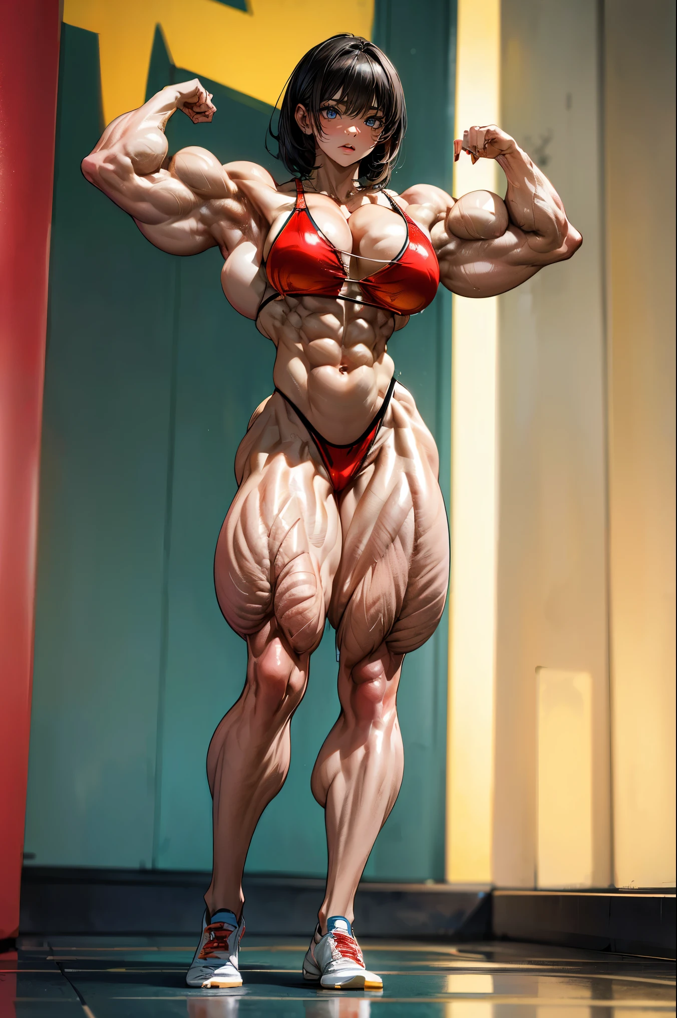 (best lighting) , (Extremely complex and detailed) , 4K unified, (Super detailed CG: 1.2) , (8k: 1.2),(The original), (masterpiece) , (best quality),(masterpiece:1.4),Anime-like high quality,(masterpiece),masterpiece, Super clear picture quality,clearer than,(delicate face)best quality, absurd,((peace master, 4K, 8k, Yes, high resolution))1个girl, female student,,(beautiful bass),((bodybuilder:1.5))(girl),(miss),(((whole body:1)))Full body,In the market,sports shoes,Reflective, hydrated muscles,Muscle stringy,Fair and hydrated skin,Powerful muscle separation,Muscle layering,Muscles like mountain peaks bulge high,High muscle peak,High resolution,No body fat,whole body庞大的肌肉块