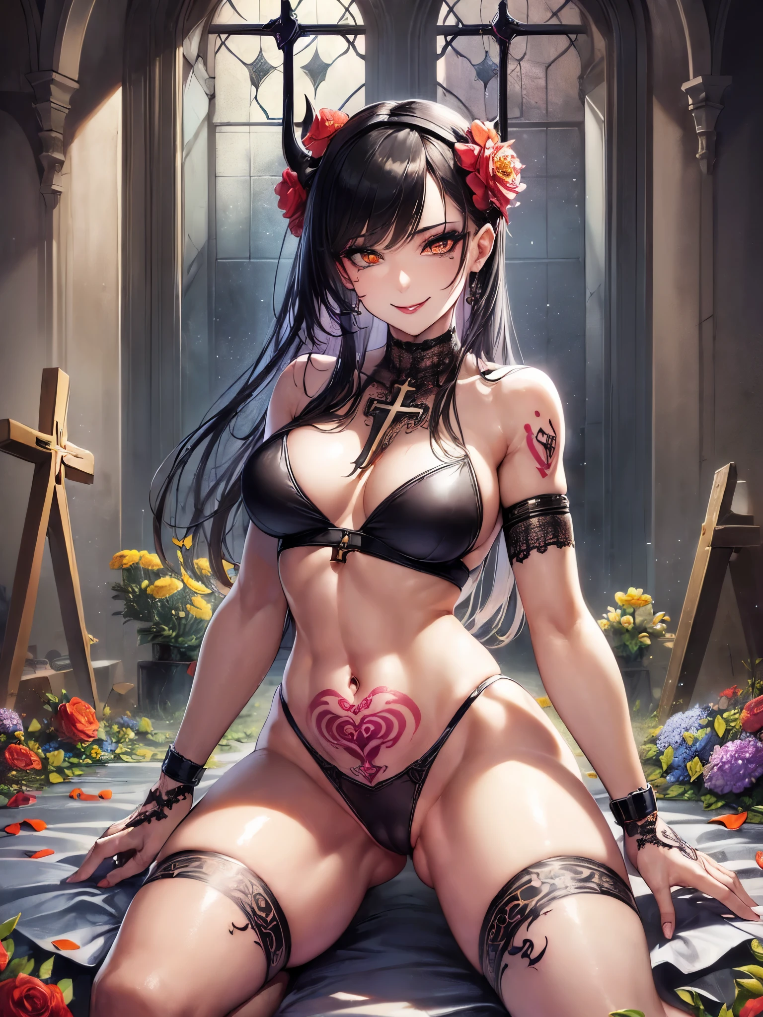 ((highest quality)),(ultra high resolution),(Super detailed),(detailed description),((best CG)),(best work of art),super precision art,great drawing art,(Art with precise details:1.5), (one female demon:1.8),(beautiful and well-shaped face:1.5),(Snake's Eye:1.5,(flashy makeup:1.6),(bewitching smile:1.6),(Exquisitely detailed lingerie:1.4),(Nasty tattoos:1.8),(Beautiful leg lines:1.5),(Provocative sexy poses:1.7),camel toe:1.5, (destroyed church:1.7),(broken cross:1.5),(withered flowers:1.6),