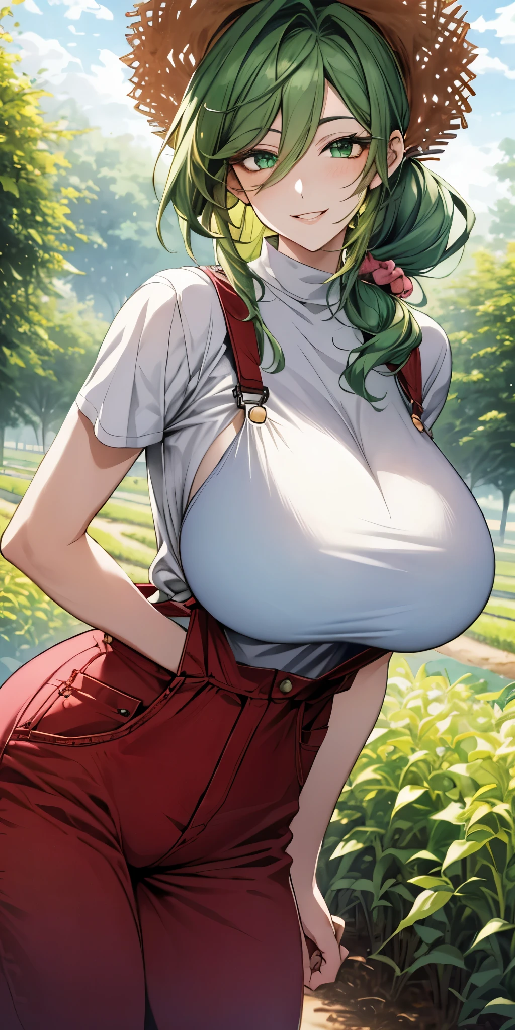 (masterpiece: 1.2), (best quality: 1.2) 1woman, milf woman, mature, tall 1.90cm, age around 30 years old, green hair, straight hair, long hair with curled ends, hair tied up in a ponytail, straw hat on her head, light green eyes, ultra realistic eyes, well aligned eyes, eyes proportional to her body, perfect eyes, long eyelashes, anime style, perfect face, extremely feminine face, detailed face, ultra face realistic, full lips, smile, happy smile, mature, big breasts(huge), perky bust, glowing skin, natural body, sexy body, wearing farmer's overalls, farm style overalls, hands behind the back, wide hips, big ass, looking at the viewer, farm environment, in the background a tomato farm, sun on the body, standing with not one, but her.