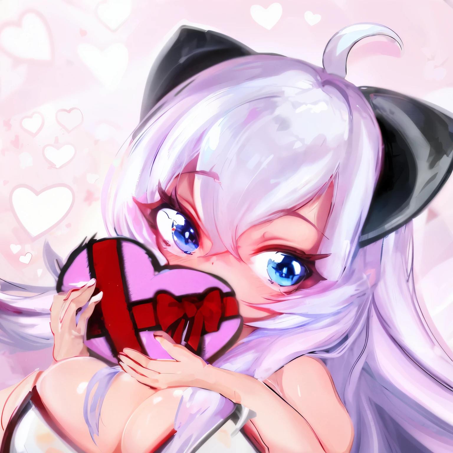 Anime girl holding a heart-shaped donut in her hand, a brutal valentine, Created at Anime Artist Studio, fee of high res, Ahri, Drawn at Anime Painter Studio, cute anime cat girl, fee of, , portrait of Ahri, Ahegao, by Kanbun Master, commission on furaffinity, do pubic poses, cute artwork