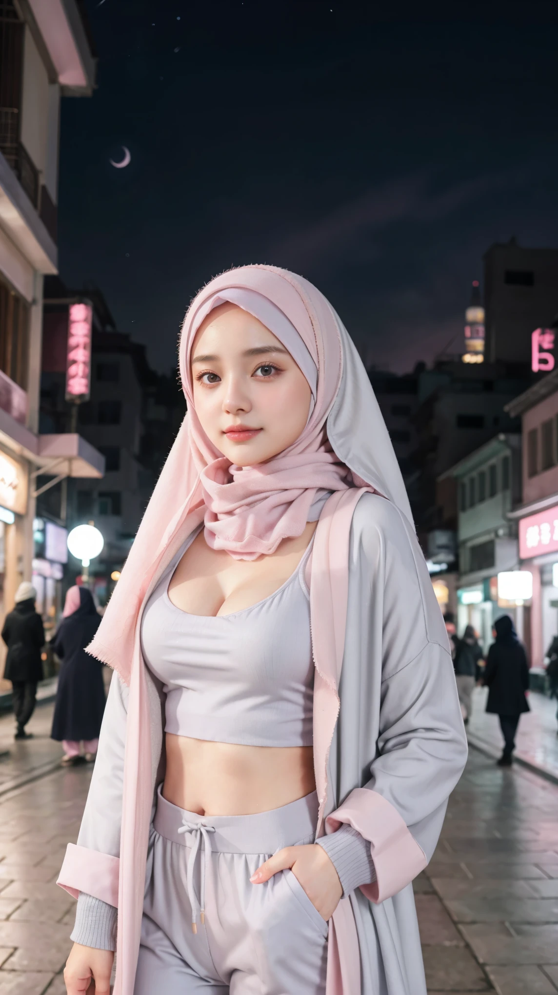 1 Girl, Beautiful, Baby Face, 20 Years Old, White Skin, Colossal Breasts, Sexy Pose, Pastel Colour Muslim Hujab Outfit Coatumes, ((Pastel Colout Hijab Outfit)), ((Grey Eye)), Muscles, Bokeh, Chinese Street Background, Masterpiece, ((Night)), Pink Pastel Colour