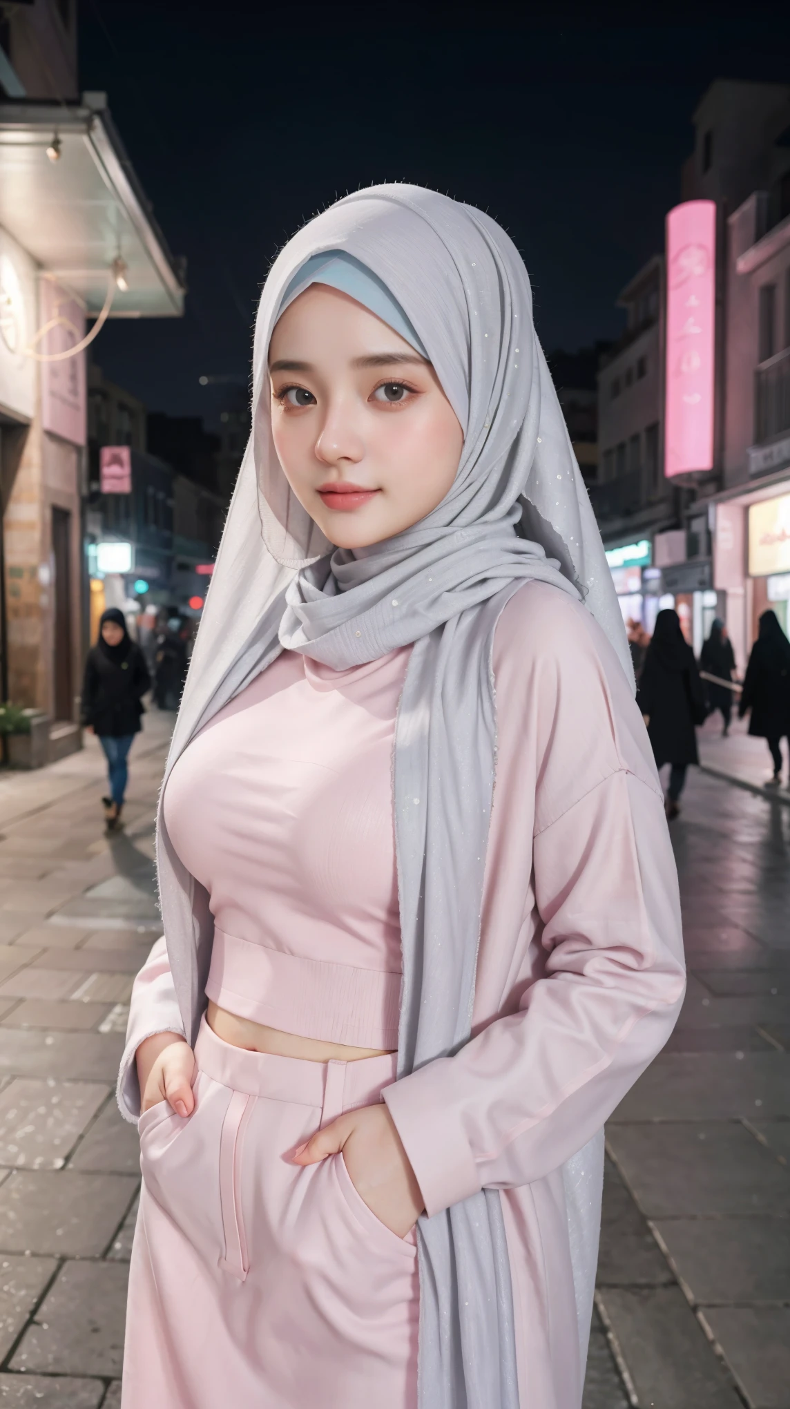 1 Girl, Beautiful, Baby Face, 20 Years Old, White Skin, Colossal Breasts, Sexy Pose, Pastel Colour Muslim Hujab Outfit Coatumes, ((Pastel Colout Hijab Outfit)), ((Grey Eye)), Muscles, Bokeh, Chinese Street Background, Masterpiece, ((Night)), Pink Pastel Colour