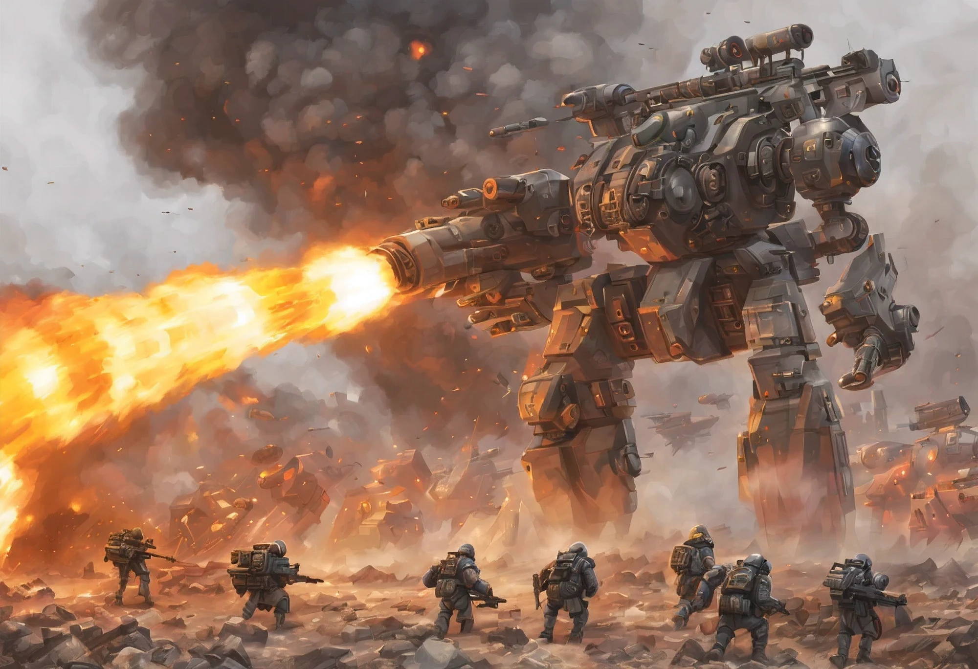 Are standing, Giant Robo, missile pod, machine gun, Huge cannon, very detailed, battlefield, fire, cigarette, explosion,