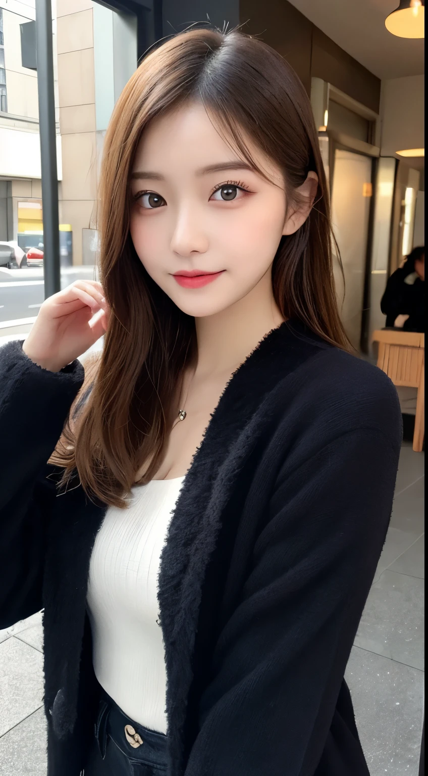 table top, highest quality, shape, Super detailed, finely, High resolution, 8k wallpaper, 完璧なダイナミックな構shape, beautiful and detailed eyes, Gorgeous and stylish black fluffy latest Tokyo winter clothes,ランダムなcute髪,small breasts,natural color lip, bold sexy pose,smile、20 year old girl、cute、sexy shot looking at camera,Always blur the background,perfect and beautiful face,Take only the face,beautiful and detailed face、slim face and style,Big eyes、Do gal makeup