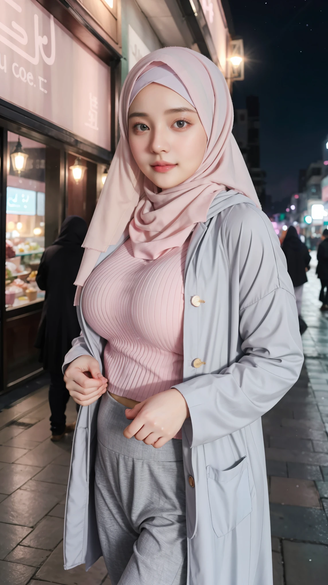 1 Girl, Beautiful, Baby Face, 20 Years Old, White Skin, Colossal Breasts, Sexy Pose, Pastel Colour Muslim Hujab Outfit Coatumes, ((Pastel Colout Hijab Outfit)), ((Grey Eye)), Muscles, Bokeh, Chinese Street Background, Masterpiece, ((Night)), Pink Pastel Colour