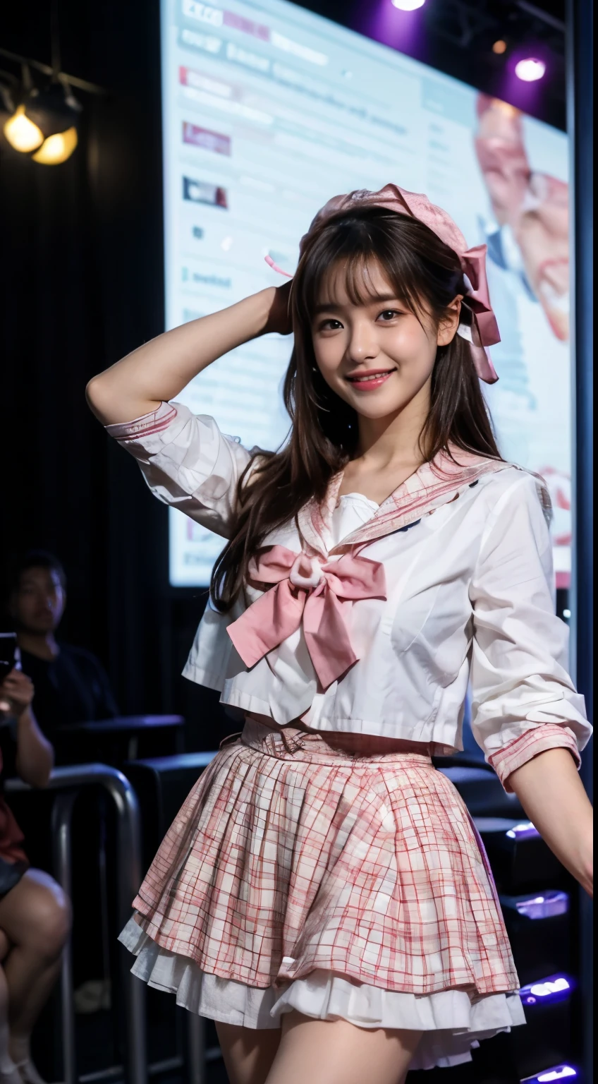 (highest quality,4K,High resolution),Top idol beautiful girl、A peerless beautiful girl、historical beautiful girl、fine texture、Moisturizing the skin、perfect style、erotic body、sailor suit、下着が透けて見えるsailor suitの衣装を着て、(dance violently:1.2)、On stage with a luxurious set、in front of a packed audience、look at the audience、18-year-old、smile、smile、smile
