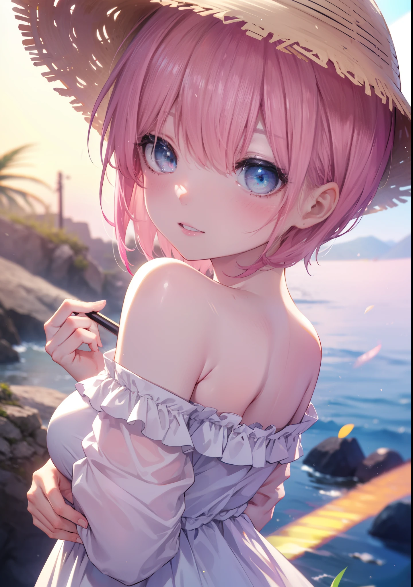Ichikanakano, ichika nakano, short hair, bangs, close both eyes,hair between eyes, blush,open your mouth,smile,pink hair,He is wearing a slightly larger straw hat....,white off-shoulder dress,long skirt,barefoot,風になびくpink hair,look back.,
break looking at viewer, whole body, Upper body,
break outdoors, sandy beach,
break (masterpiece:1.2), highest quality, High resolution, unity 8k wallpaper, (shape:0.8), (beautiful and detailed eyes:1.6), highly detailed face, perfect lighting, Very detailed CG, (perfect hands, perfect anatomy),