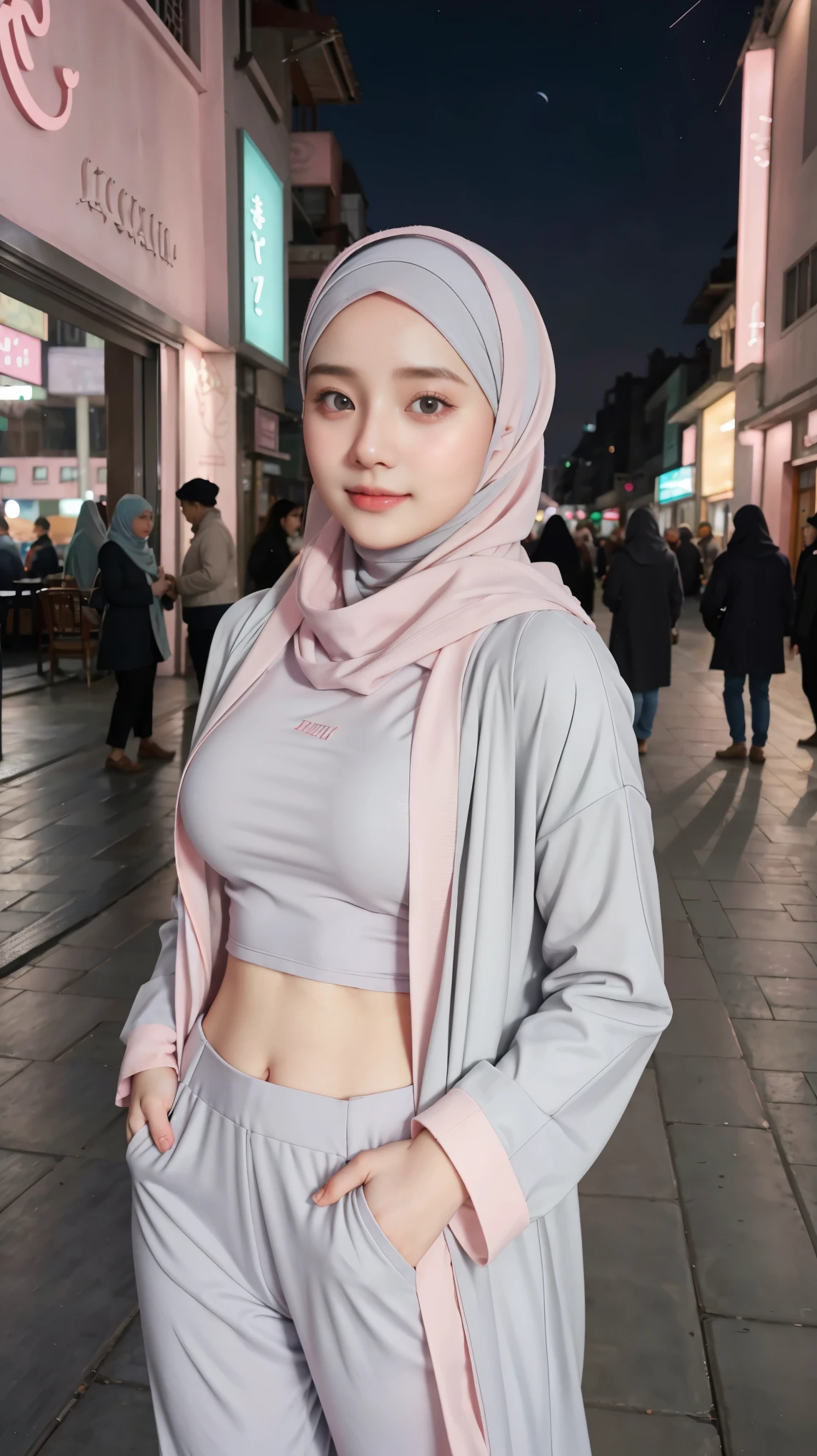 1 Girl, Beautiful, Baby Face, 20 Years Old, White Skin, Colossal Breasts, Sexy Pose, Pastel Colour Muslim Hujab Outfit Coatumes, ((Pastel Colout Hijab Outfit)), ((Grey Eye)), Muscles, Bokeh, Chinese Street Background, Masterpiece, ((Night)), Pink Pastel Colour