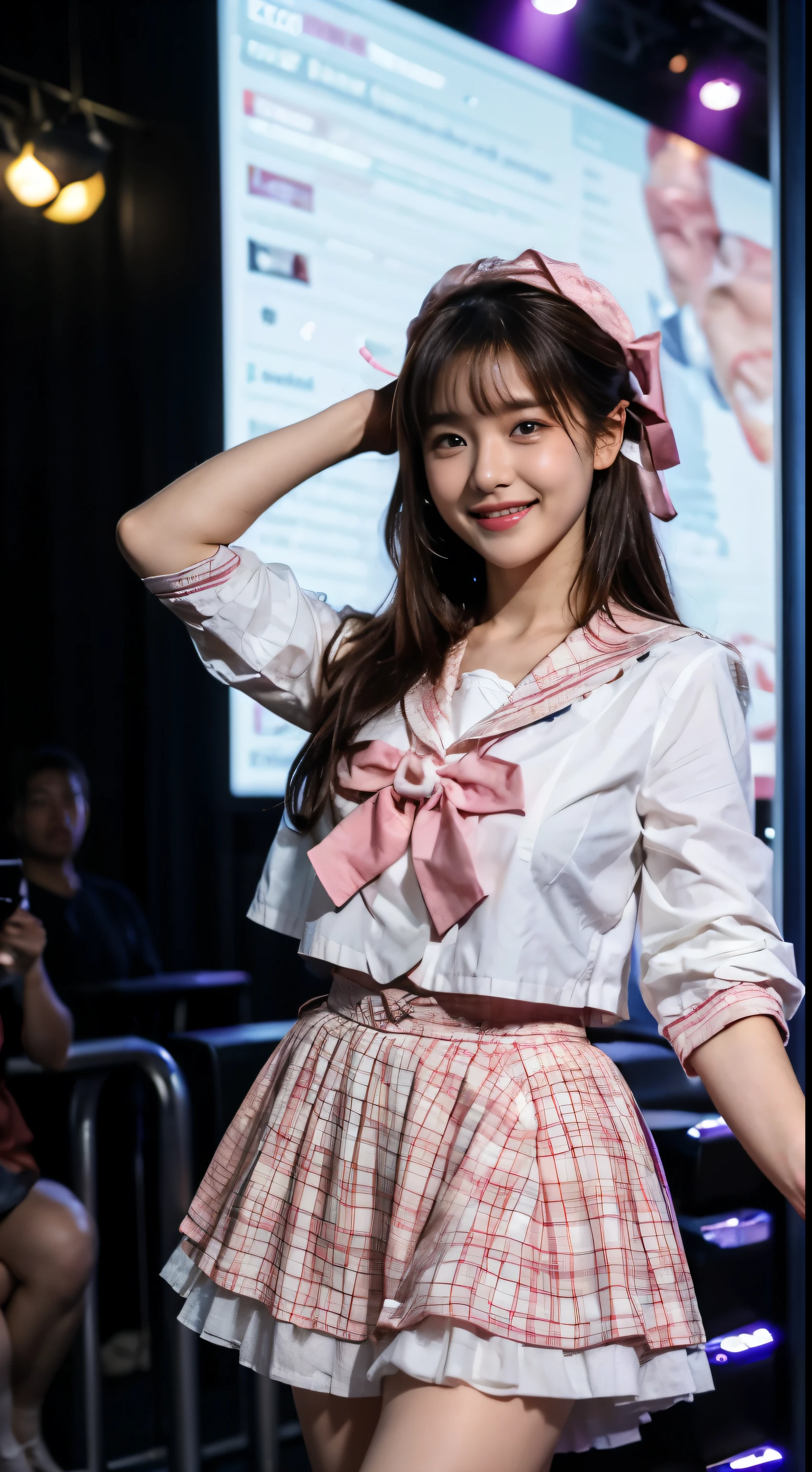 (highest quality,4K,High resolution),Top idol beautiful girl、A peerless beautiful girl、historical beautiful girl、fine texture、Moisturizing the skin、perfect style、erotic body、sailor suit、下着が透けて見えるsailor suitの衣装を着て、(dance violently:1.2)、On stage with a luxurious set、in front of a packed audience、look at the audience、18-year-old、smile、smile、smile