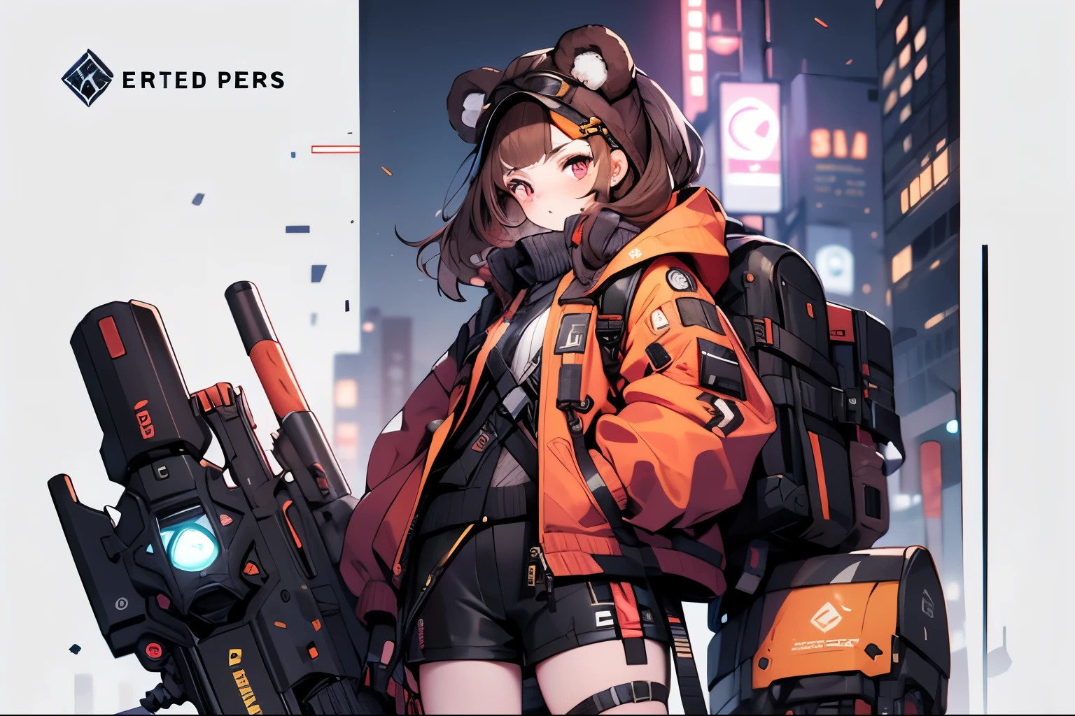 (best quality,illustration:1.2),1girl,bear ears,dark police deep blue jacket with reflective stripes,retro 90s gears sweater inner shirt,lantern pants,shorts,Arknights,brown hair,left side bangs with two yellow hairpins,doomer city purple eyes gun 