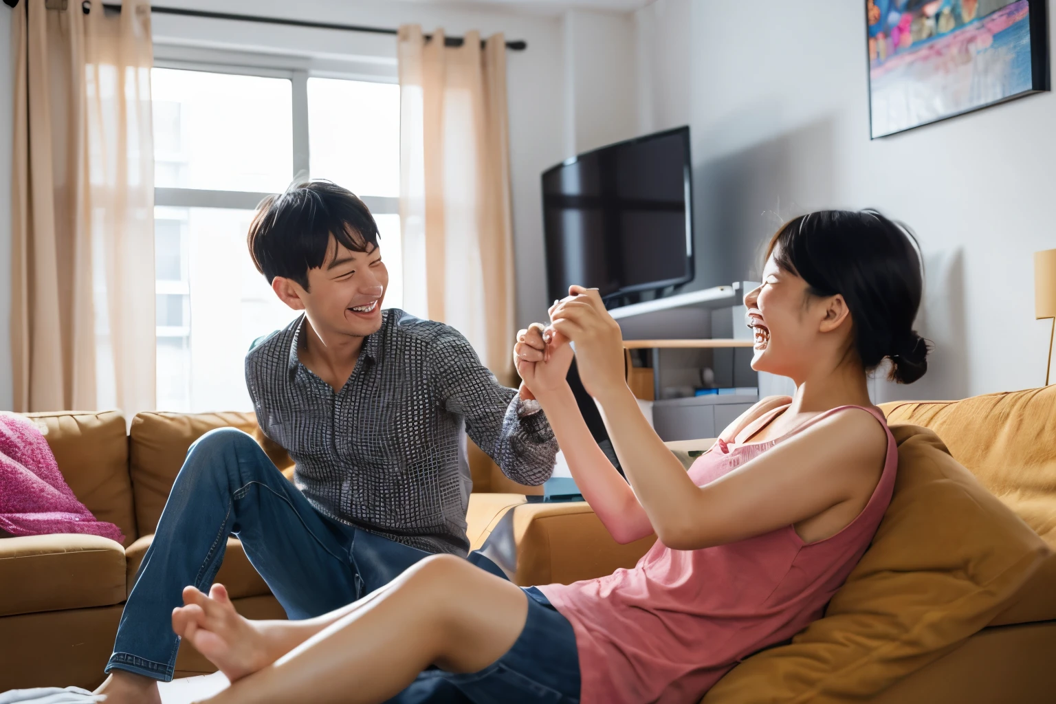 A Korean father in his 40s and his 9--old ghter playing happily in the living room of their apartment.