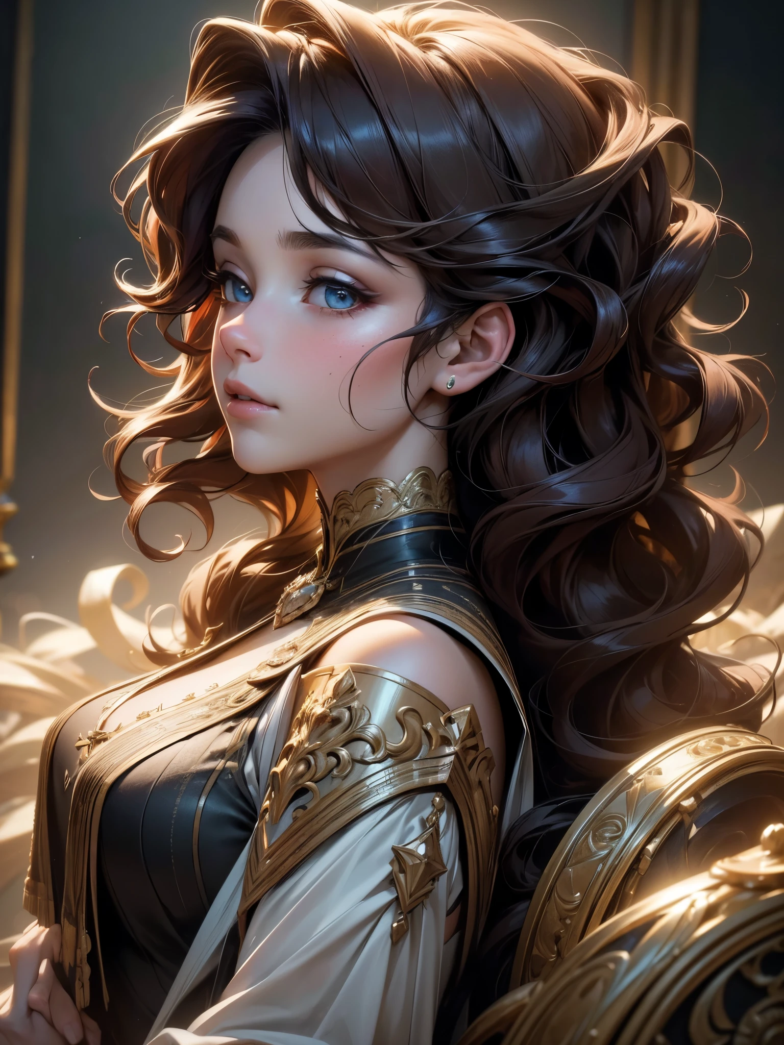 (best quality,4k,8k,highres,masterpiece:1.2),ultra-detailed,physically-based rendering,vivid colors,dark hair, luxurious, wavy, elegantly cascading down her shoulders, softly framing her face with grace, glamour.