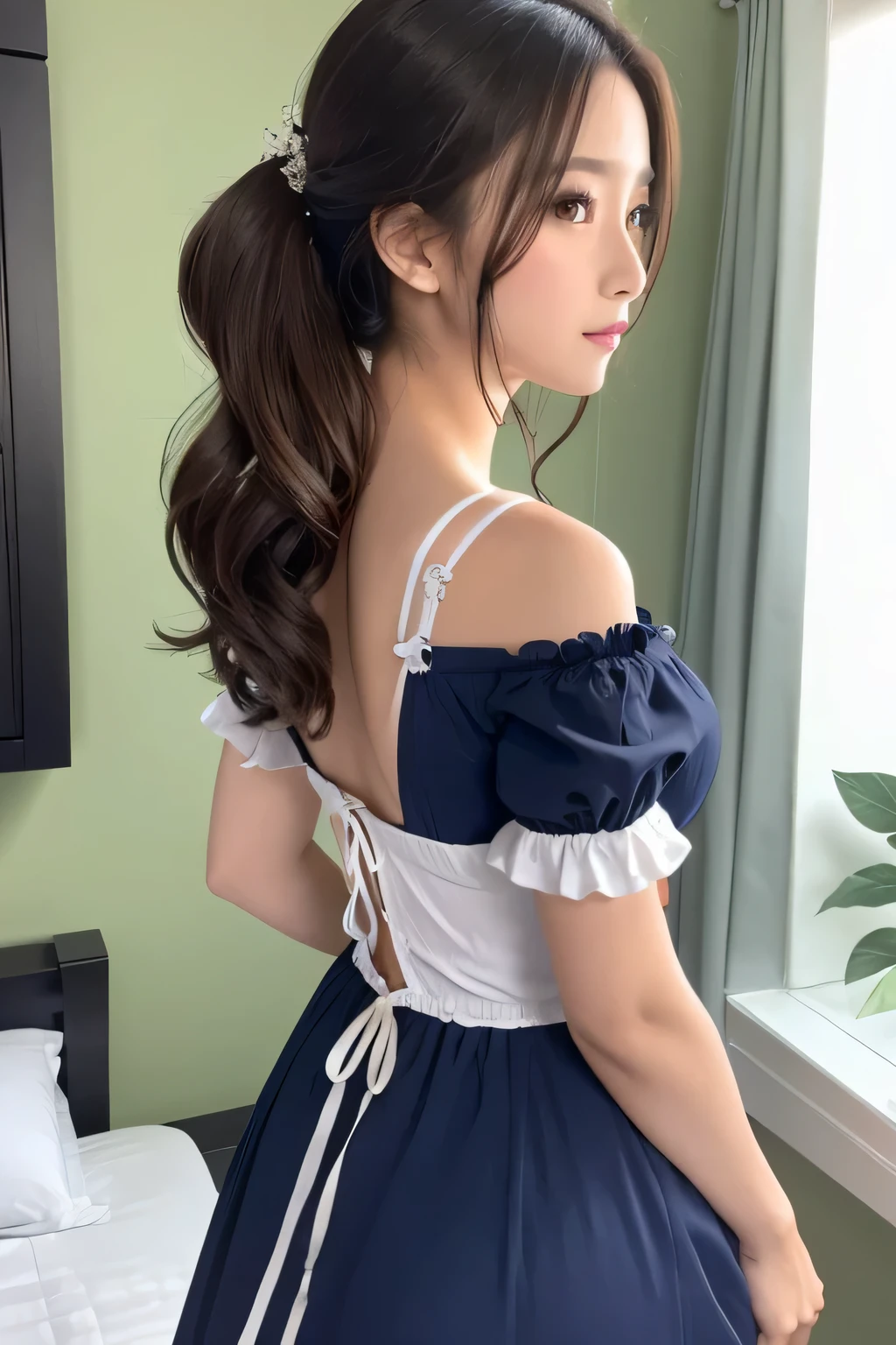 Rear view、white underwear、whole body、photo taken from below、one beautiful maid、((long navy hair))、indoor、hair ornaments
